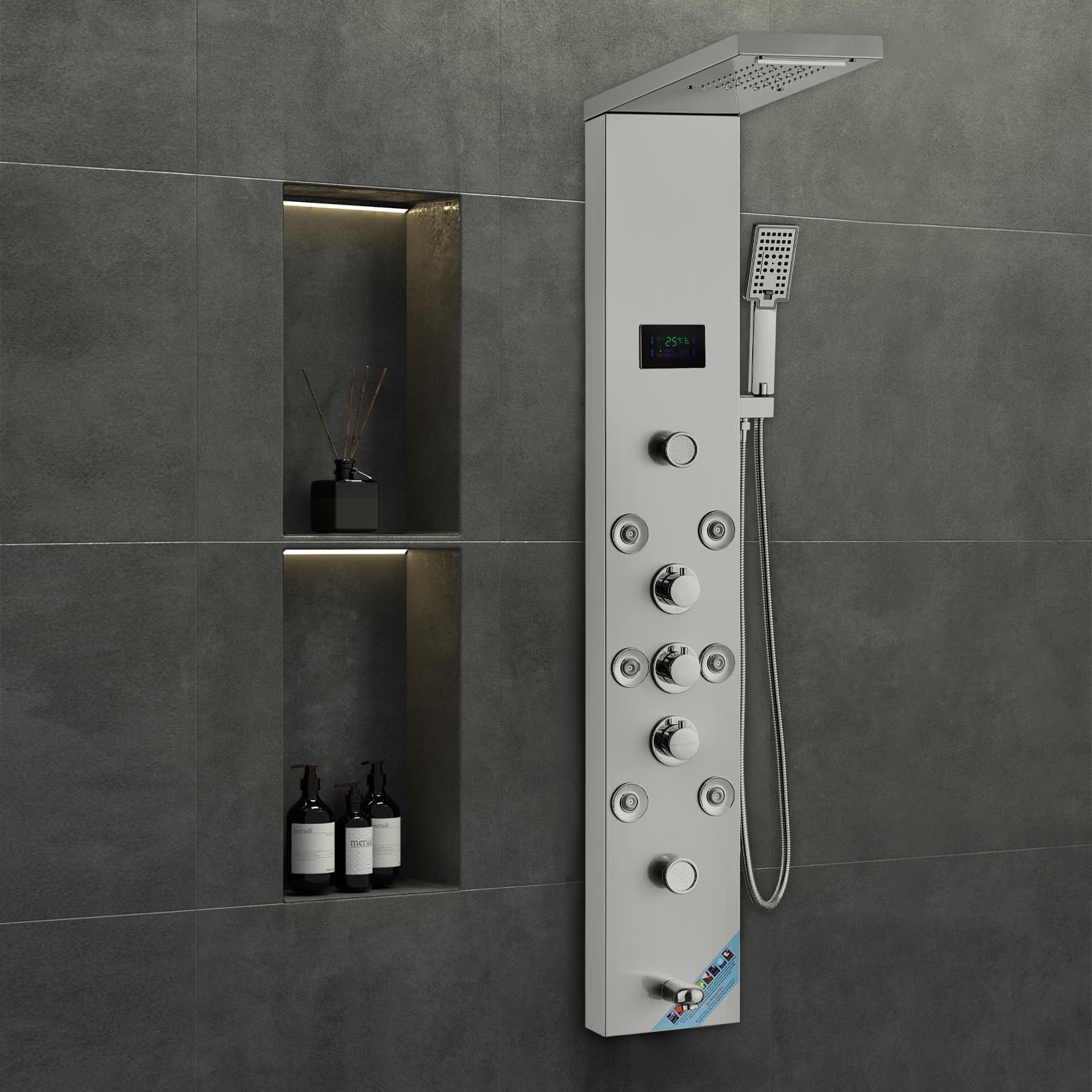 VEVOR Système de Panneau de Douche avec 6 Modes, Tour de Panneau de Douche Hydroélectrique LED Écran, Pluie, Cascade, 8 Jets de Massage, Bec de Baignoire et Pomme de Douche avec Tuyau, Salle de Bain