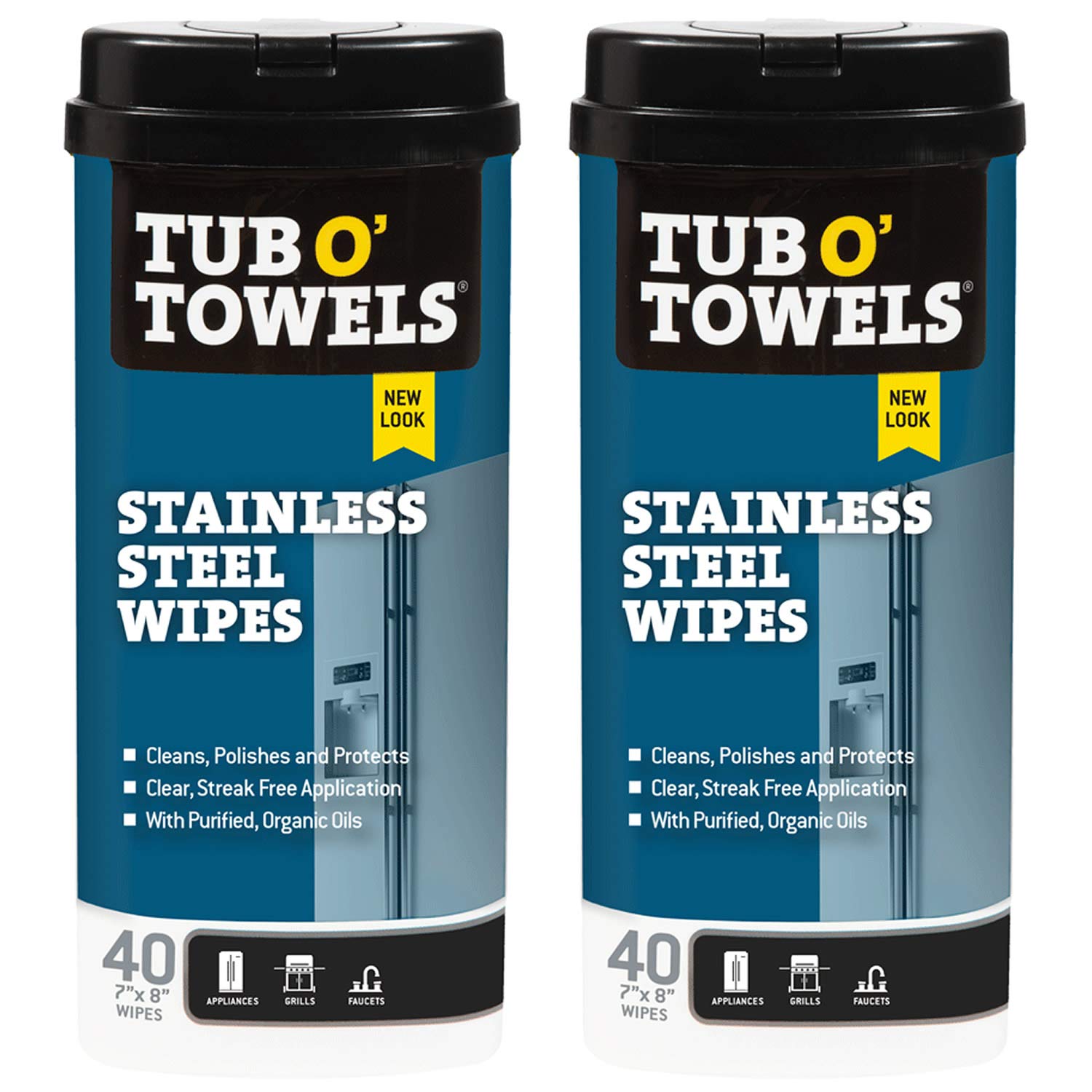 Tub O Towels Stainless Steel Appliance Cleaning Wipes - Clean, Polish, and Protect, 40-7” x 8” Wipes Per Tub, 2-Pack, White
