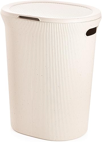 Superio Ribbed Collection  Cesta decorativa ecológica de plástico con tapa y asas recortadas, (1 unidad) cesta organizadora para dormitorio, baño,
