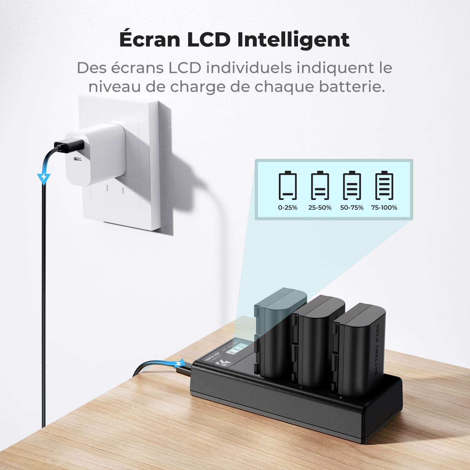 K&F CONCEPT 3-Pack LP-E6NH Batterie et Chargeur Compatible Canon EOS R7 R6 R5 2600mAh