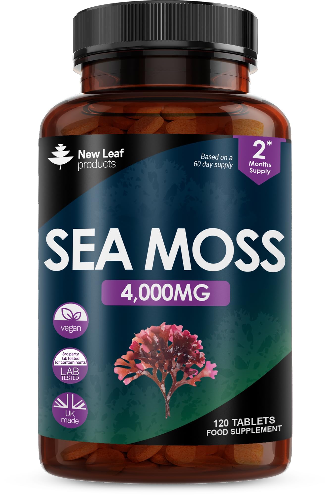 NEW LEAF PRODUCTS Sea Moss Tablets Extract High Strength 4000mg - Sea Moss Supplement 120 Tablets (not sea moss capsule) High Potency - UK Made - Vegan - Non GMO
