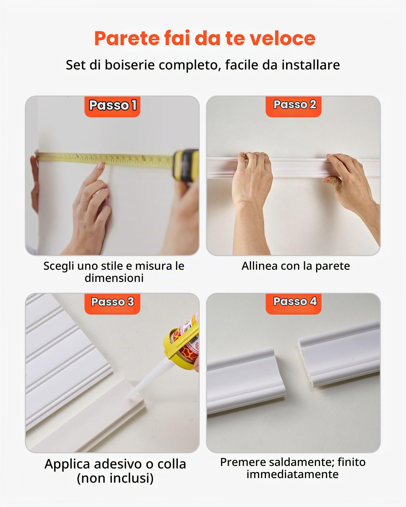 VEVOR Kit di Modanature da Parete Pannelli per Rivestimento, Polistirene Leggero Verniciabile, Facile da Installare, Modanatura da Parete Ampia e Stretta per Arredamento d'Interni, Soggiorno, Bianco