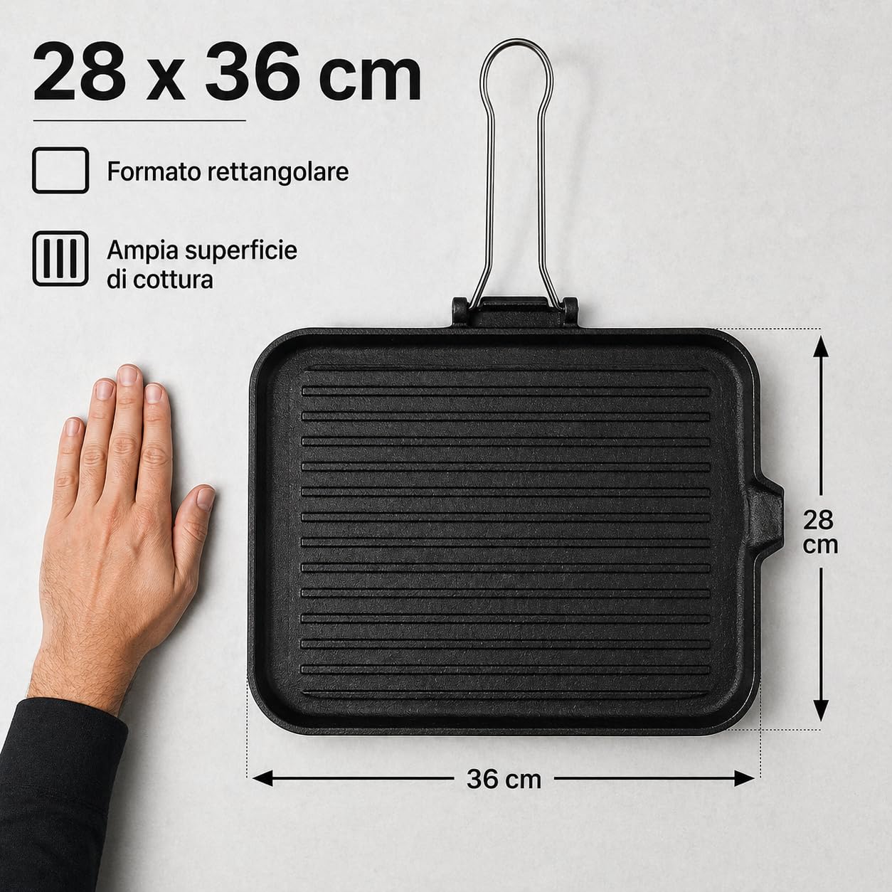 Bistecchiera ghisa per fornello rettangolare 28x36 cm piastra di ghisa rigata con manico pieghevole, ideale per carne verdure panini e cottura grill in cucina