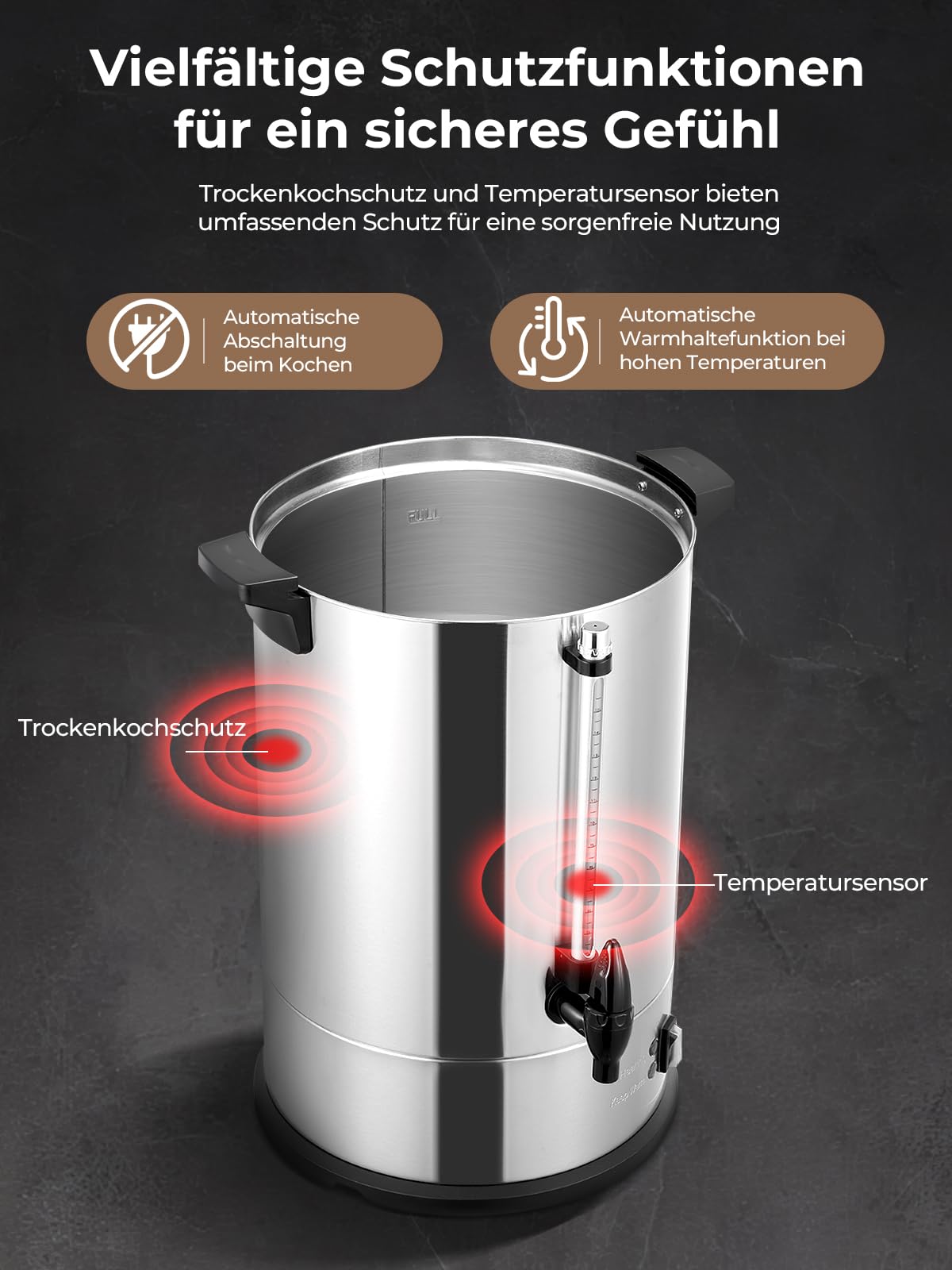 Glühweinkocher 10L, 1500W Heißwasserspender 100 Tassen/H, Glühweintopf mit Zapfhahn & Thermostat, Elektrischer Heißgetränkespender & Edelstahl Glühweinkessel