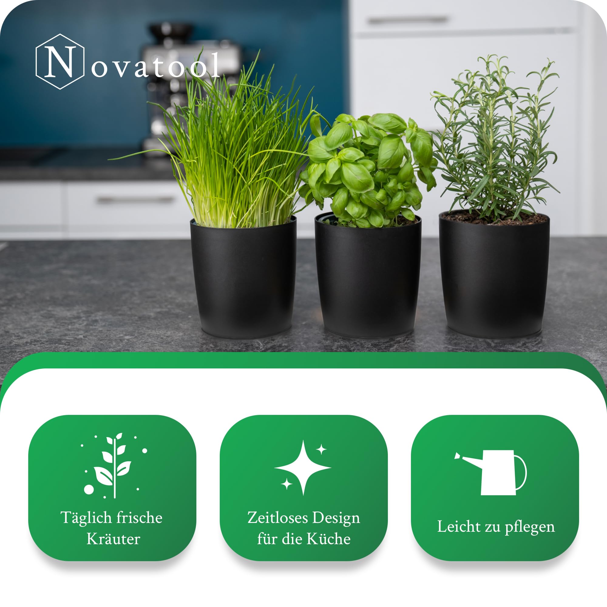 Novaliv Elegante set di 20 vasi per erbe aromatiche in plastica nera per ogni davanzale, erbe fresche da cucina, erbe aromatiche per la cucina, aiuola per interni, piante d'appartamento, vaso per