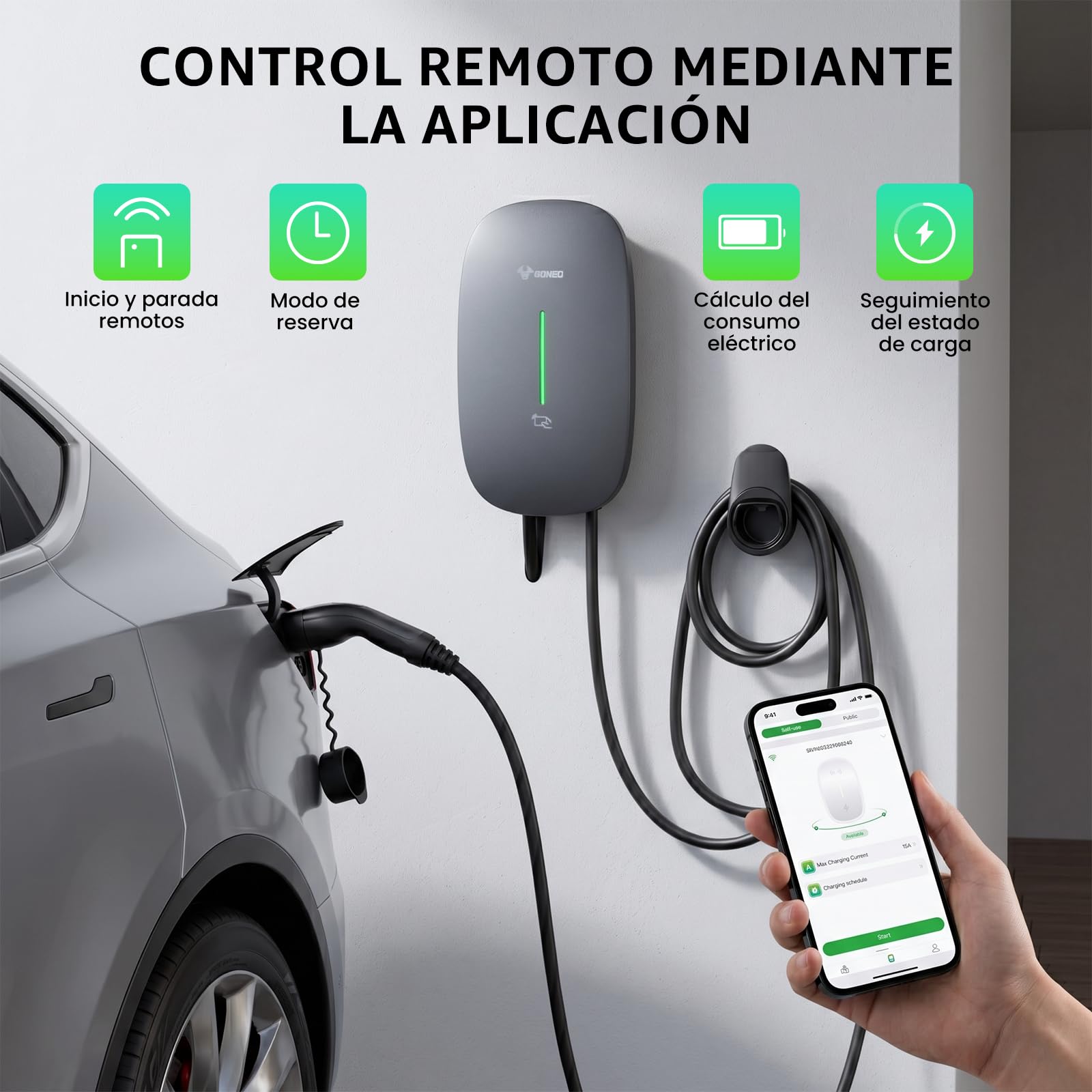 GONEO Wallbox 7kW Cargador Coche Electrico con App, Cable Tipo 2 de 7M, (32A, 230V) RFID, IK10, IP65, con RCD Tipo A 30 mA CA + 6 mA DC