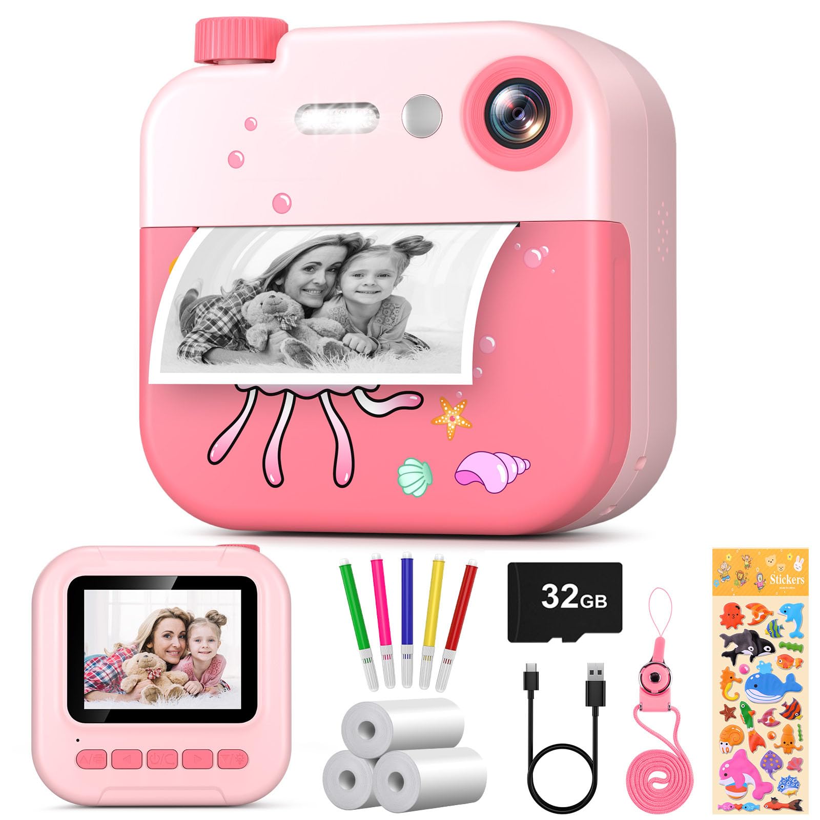 (different color) Kids Camera Instant Print, 1080P Digital Video Instant Camera for Kids, Christmas Birthday Gifts for Girls Boys Age 3-12, Toddler Cameras with 3 Rolls No Ink Print Paper - Jellyfish