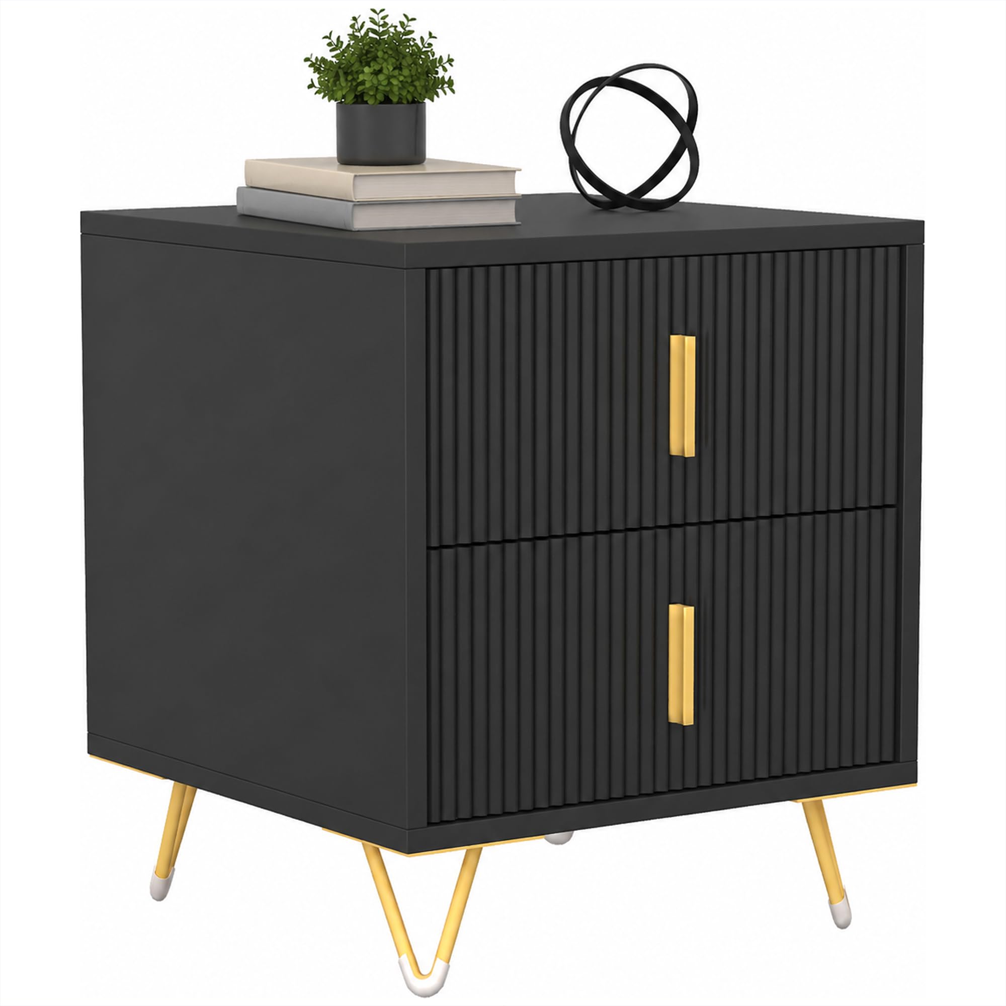 HOMCOM Bedside Table Small Fluted Cabinet 2 Drawers Hairpin Legs Black | Modern Nightstand, End Sofa Side Table, for Bedroom, Living Room
