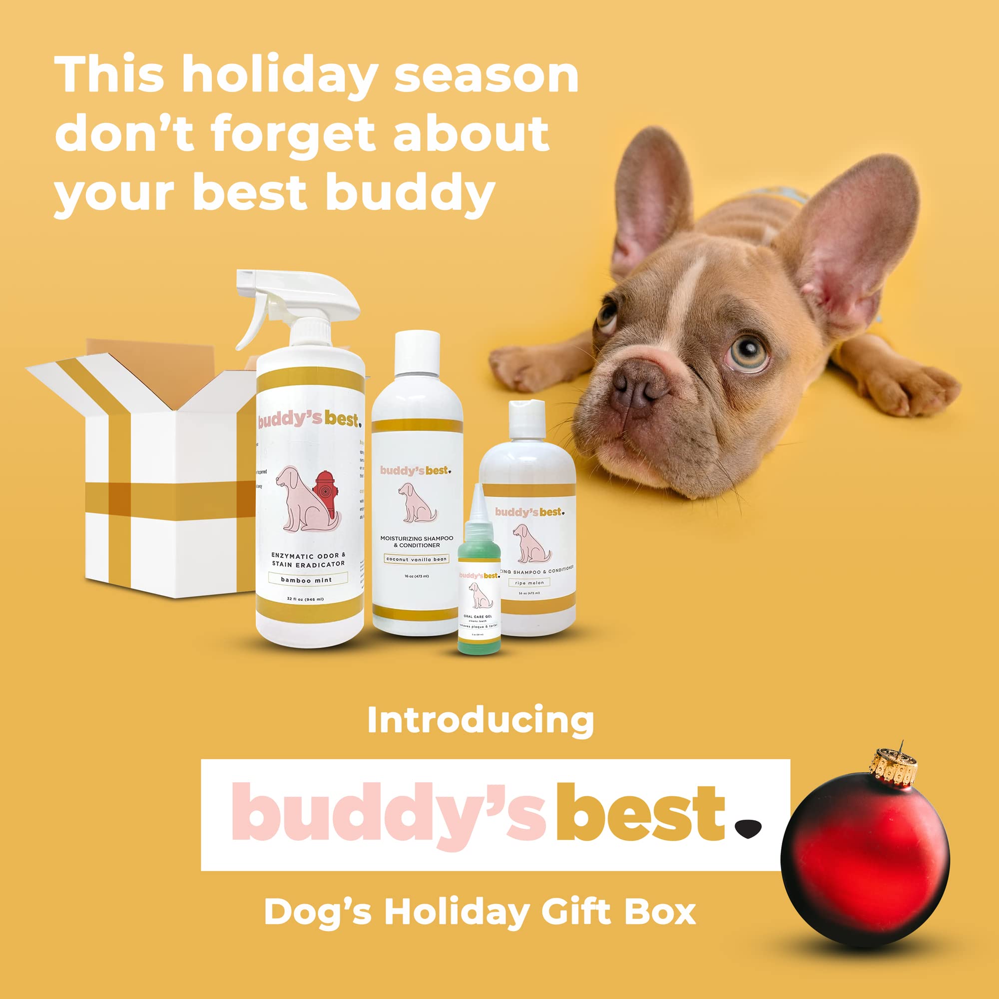 Buddy's Best Dog Gift Box for Holidays & Special Occasions - Pet Package with Odor Eradicator (32oz), Oral Care Gel (2oz), and Shampoo Bottles, Coconut Vanilla (16oz) & Ripe Melon (16oz)