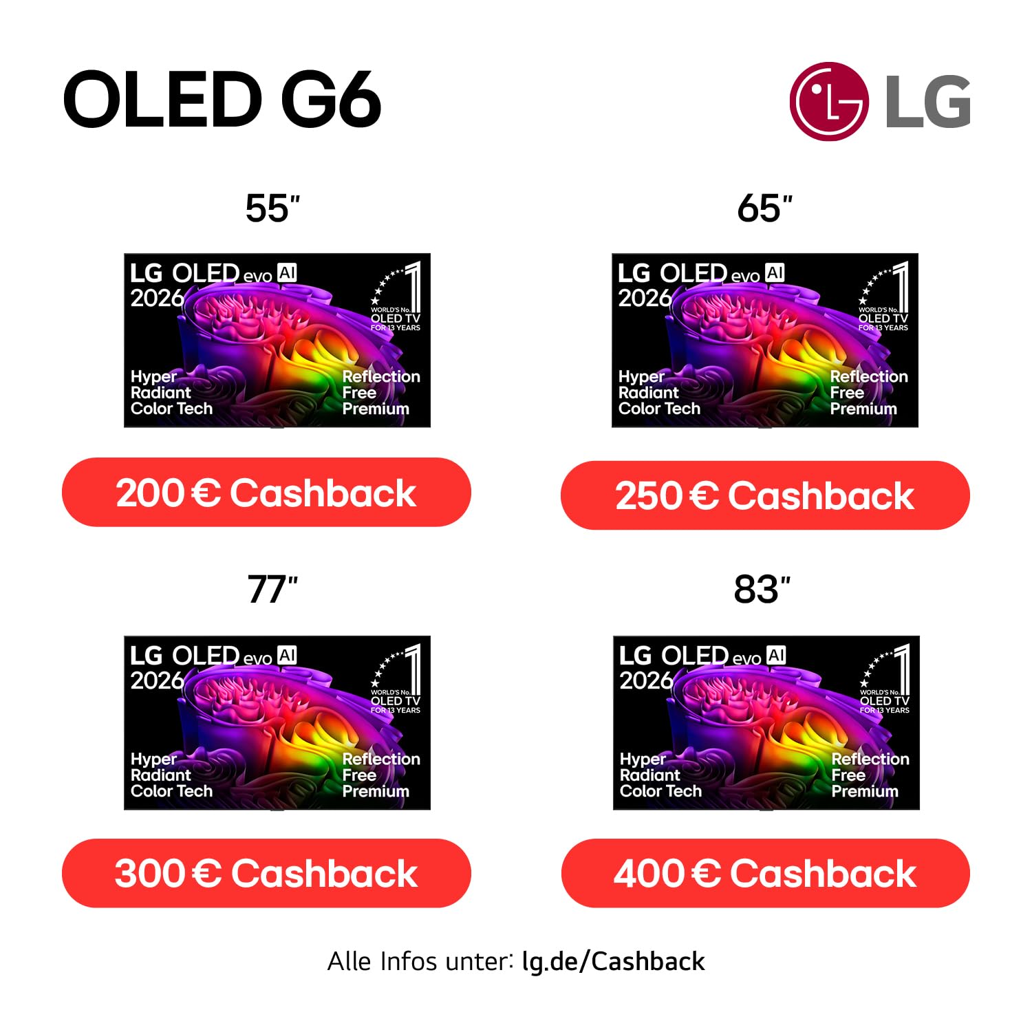 LG OLED55G67LW TV 55 Zoll (139 cm) 4K OLED evo AI TV (α11 Gen3 4K AI Prozessor, webOS 26, 120Hz (VRR bis zu 165Hz)) [Modelljahr 2026] [Energieklasse E]
