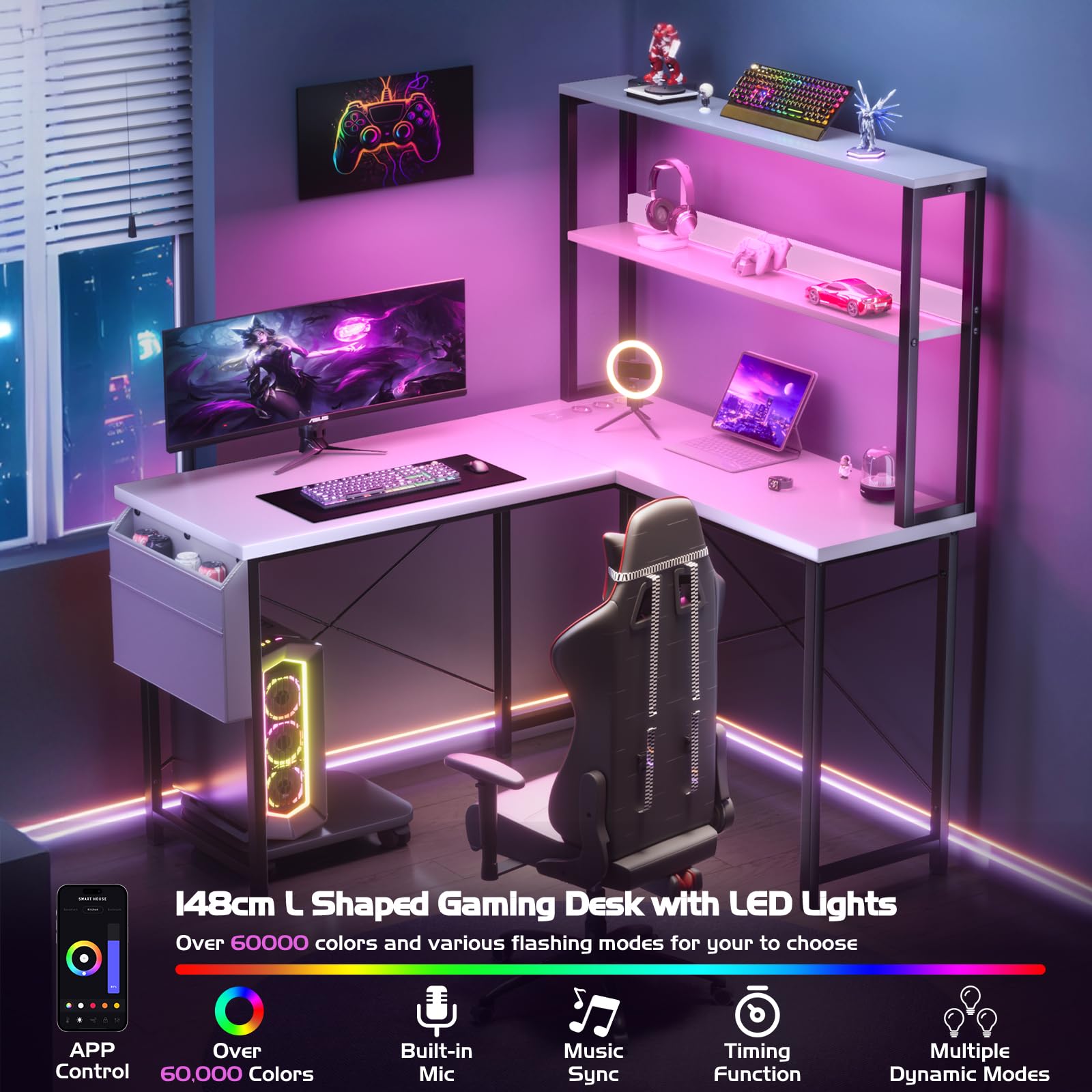 L-Form Gaming Eckschreibtisch 135×100×148cm Weiß für Heim & Büro