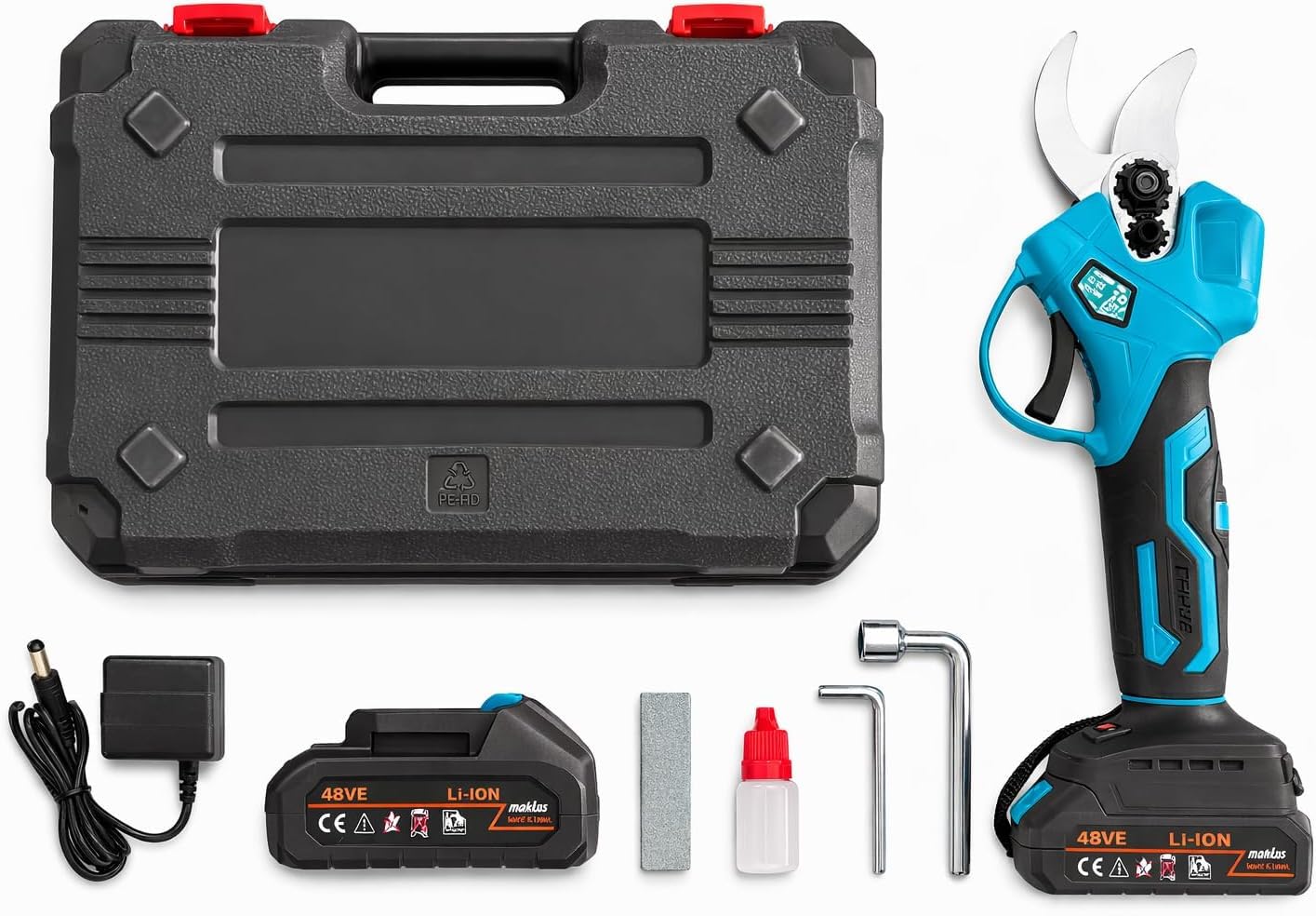 Forbice da Potatura, 2 anni di Garanzia, Doppia Batteria 48V, Kit accessori, Carica Batterie incluso, Cesoia da potatura Elettrica, Cesoie per Giardinaggio