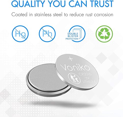 Vista 5 de Voniko Pilas de litio CR2016 de 3 V para seguridad infantil, compatibles con controles remotos, llaveros, monitores de glucosa, 7 años de vida útil