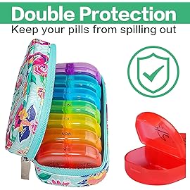 Serfeymi Weekly Travel Pill Organizer 2 Times A Day AM PM Upgraded Rainbow Pill Box 7 Day with Portable Zipper PU Leather Pill Case, Medicine Organizer for Pills, Vitamins, Fish Oils - Green-01