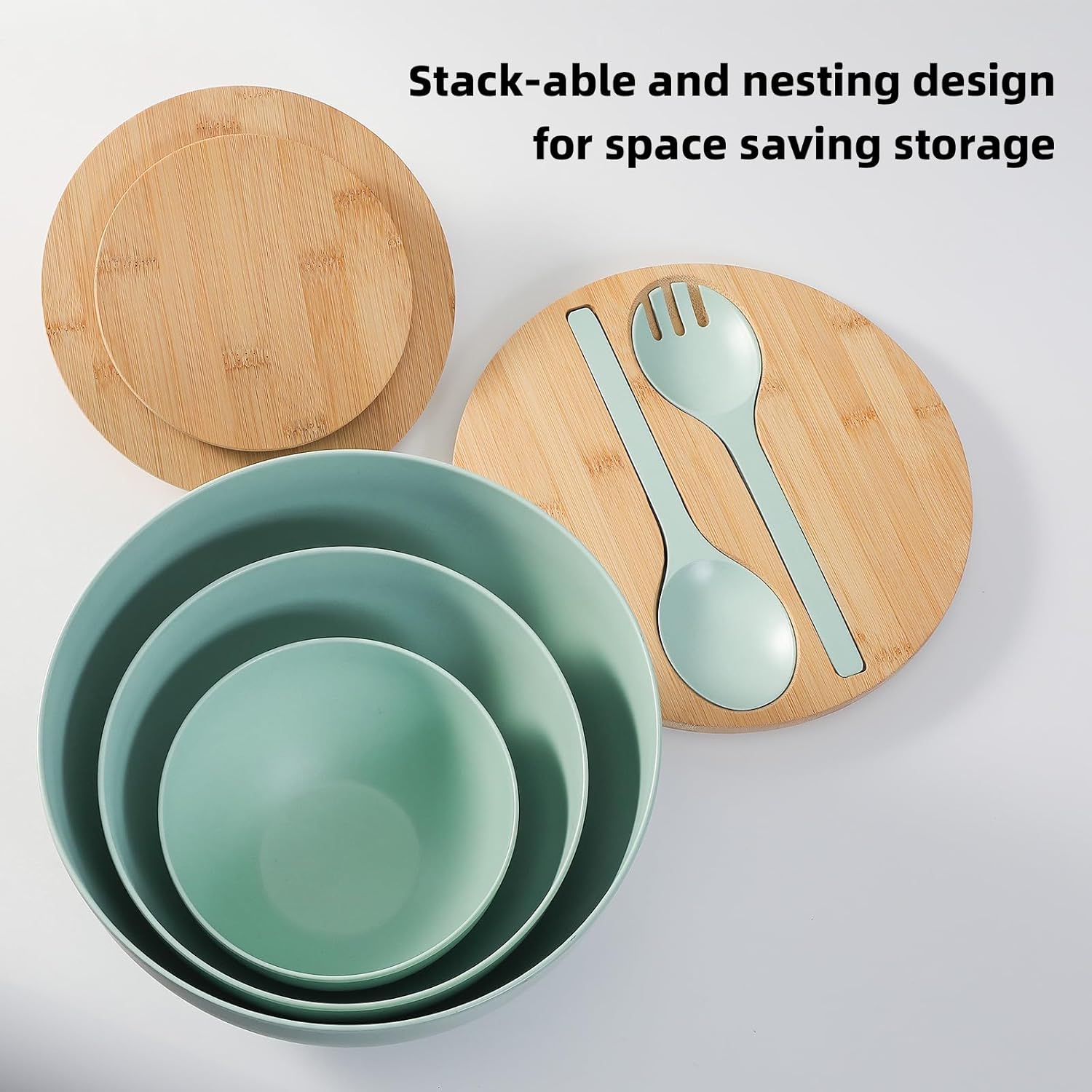 ECOWAY Salad Bowls Set of 3 with Lid & Serving Utensils, Bamboo Fiber Mixing Bowls Set Large Serving Bowls & Storage Set with Bamboo Lid for Salad, Kitchen Eating, Pasta, Popcorn, Chips, Fruit, Cyan
