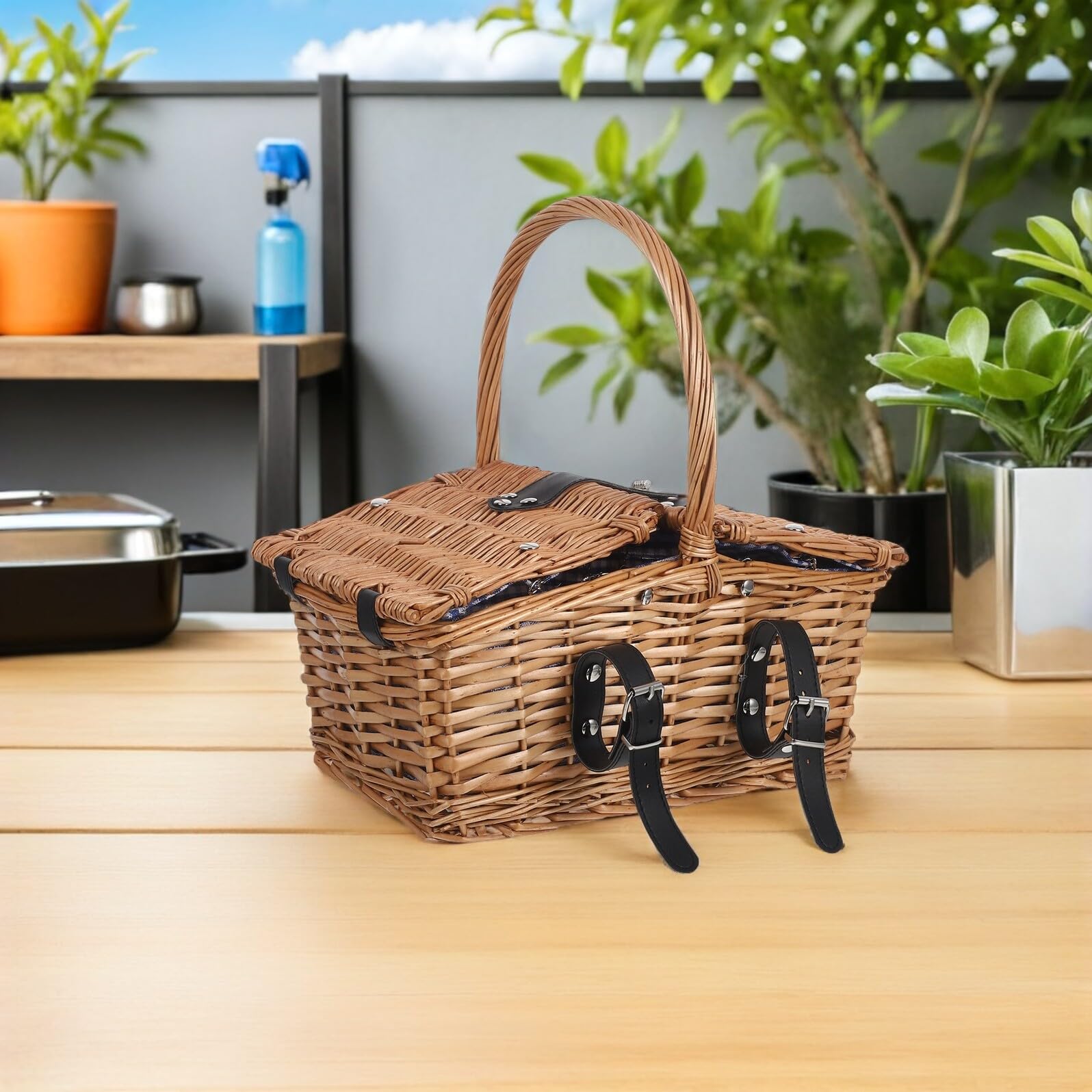 Housoutil Cestino da Picnic Intrecciato a Mano in Salice e Rattan con Doppio Coperchio e Manico Piccolo Cestino Portaoggetti e Alimenti per Picnic All’Aperto Feste in Giardino e Gite