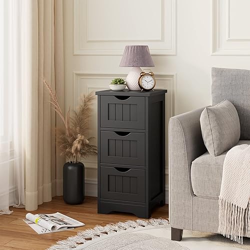 Miniatura 4 de Tangkula Armario de suelo de baño, armario de almacenamiento de madera con 3 cajones, mesa auxiliar moderna, unidad organizadora independiente para