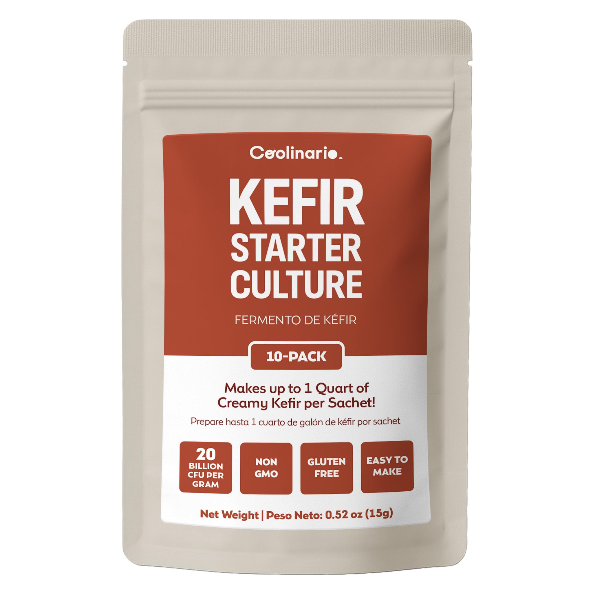 Coolinario Kefir Starter Culture (10-Pack, 1g Sachets) Live Probiotic Cultures for Homemade Kefir | Smooth, Creamy & Tangy | Non-GMO, No Preservatives, Gluten Free, Halal, Kosher