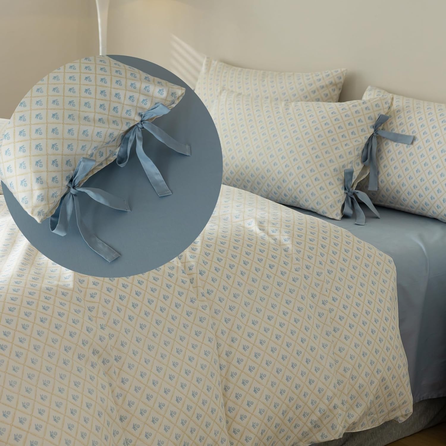 AOJIM Blue Printed Bedding Duvet Cover King Size, 100% Cotton Comforter Cover Set 3pcs for Room Decor, 1 Soft Duvet Cover 104x90'' with Zipper Closure and 2 Pillowcases with Bowknot, Machine Washable