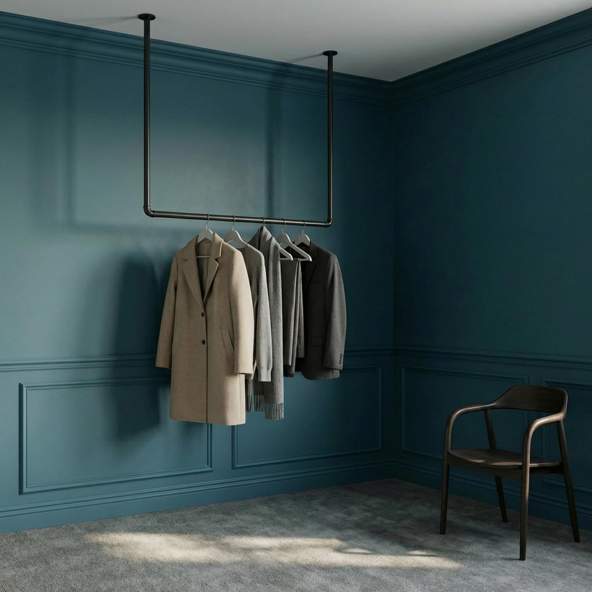 pamo clothes rail industrial loft design - HANG - clothing rack for walk-in wardrobe I bedroom or bath - clothes rack made of black sturdy water pipes/tubes with wall mounting