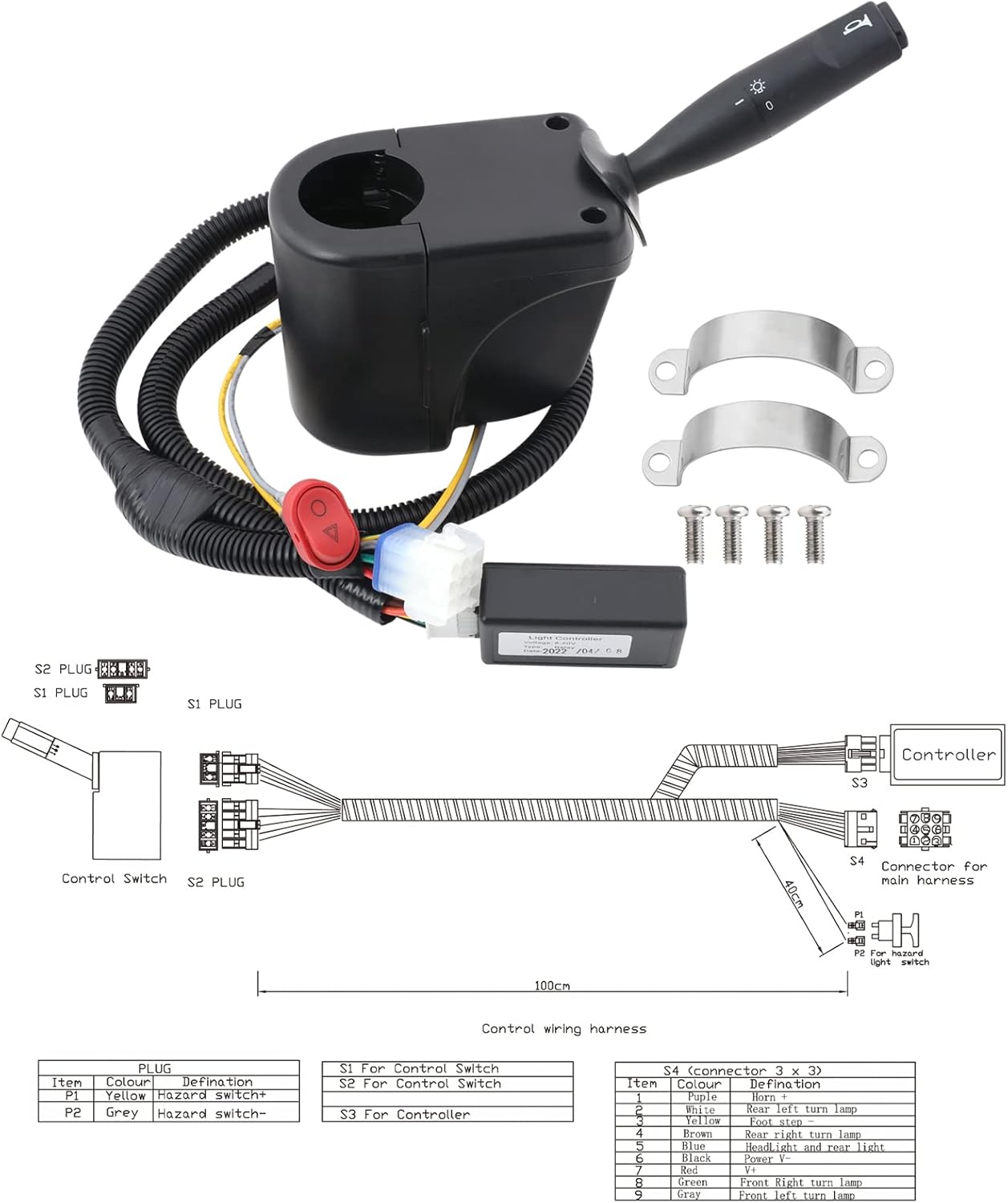 Roykaw Golf Cart Turn Signal Kit with Horn Button, Blinker Switch, Brake Light Pad Switch, 9-pin Plugs Wiring Harness, Street Legal Plug & Play Light Kits