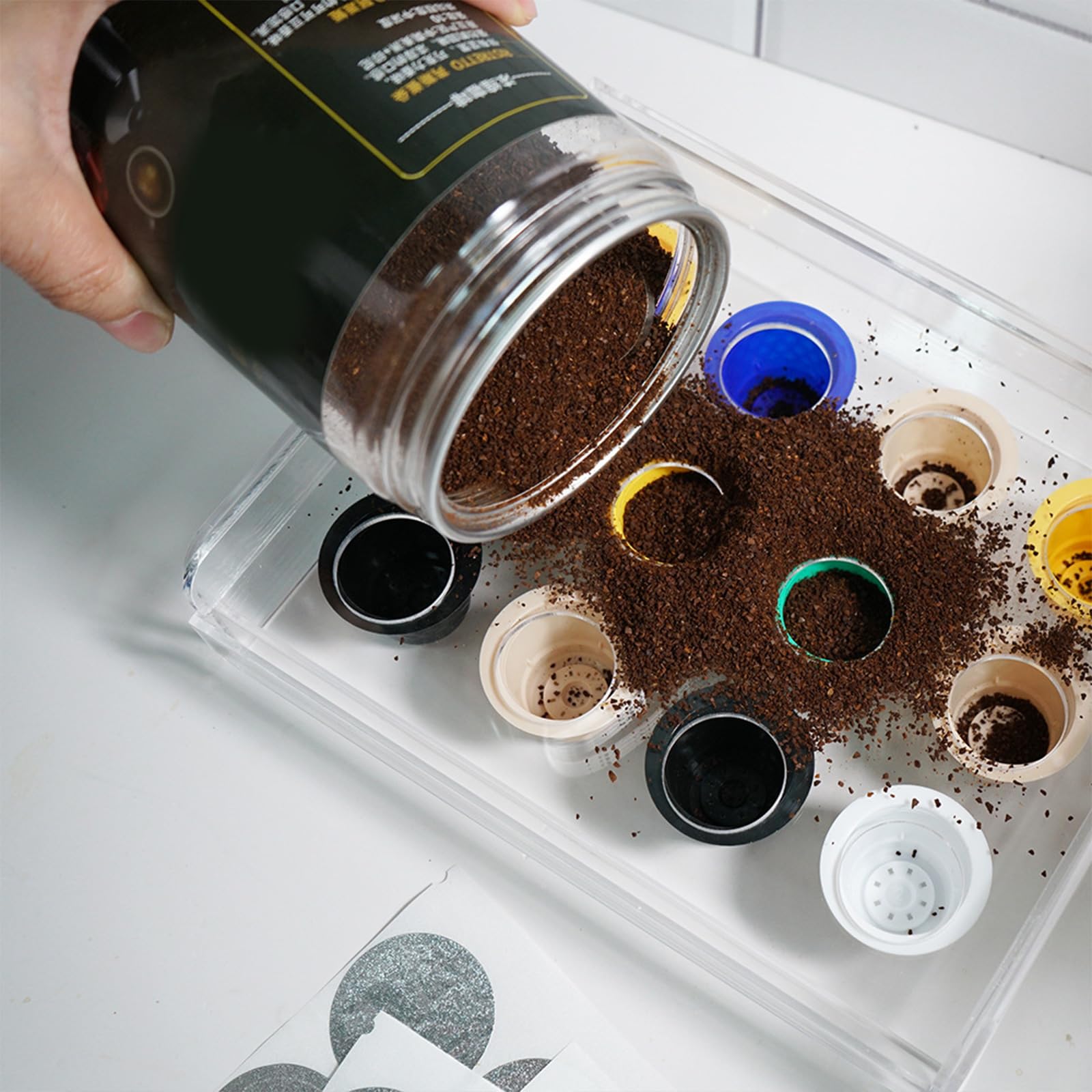 Multifunktionaler Kaffee-Nachfüller mit Acrylkorb-Halter, tragbares Füllbrett für Zuhause/Büro, Brauwerkzeuge, wiederverwendbares Kaffeezubehör