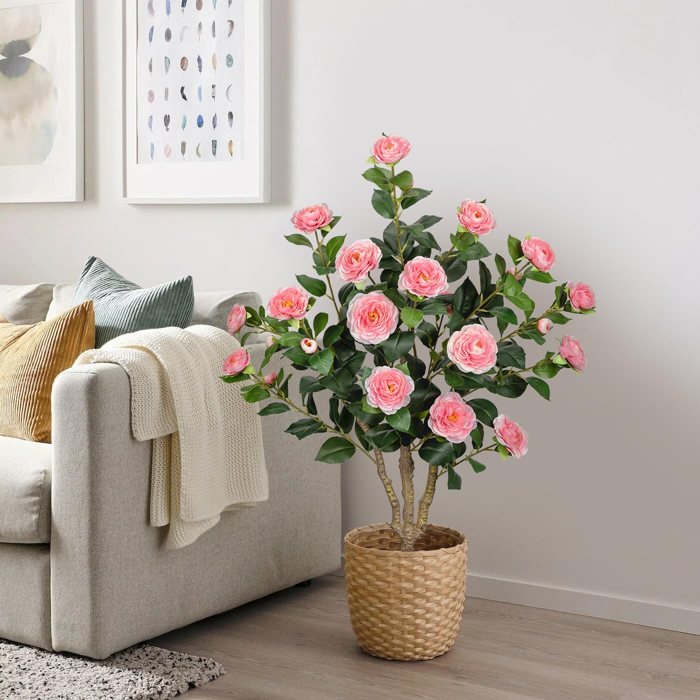 2 STK. Kunstbaum mit Blüten 90cm Baum Künstlich Kamelienbaum Groß | Kunstpflanzen Rosa Blüten Kunstblumen im Topf Künstliche Pflanzen wie Echt im Topf Dekobaum für Indoor Flur Wohnzimmer Deko