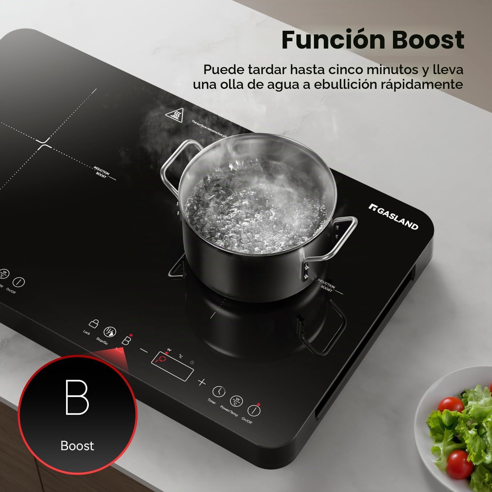GASLAND IH582BTA Placa de inducción doble, 58 cm, 3500W Placa de inducción portátil con 2 zonas, control táctil, 10 niveles de temperatura, 10 niveles de potencia, ahorro de energía