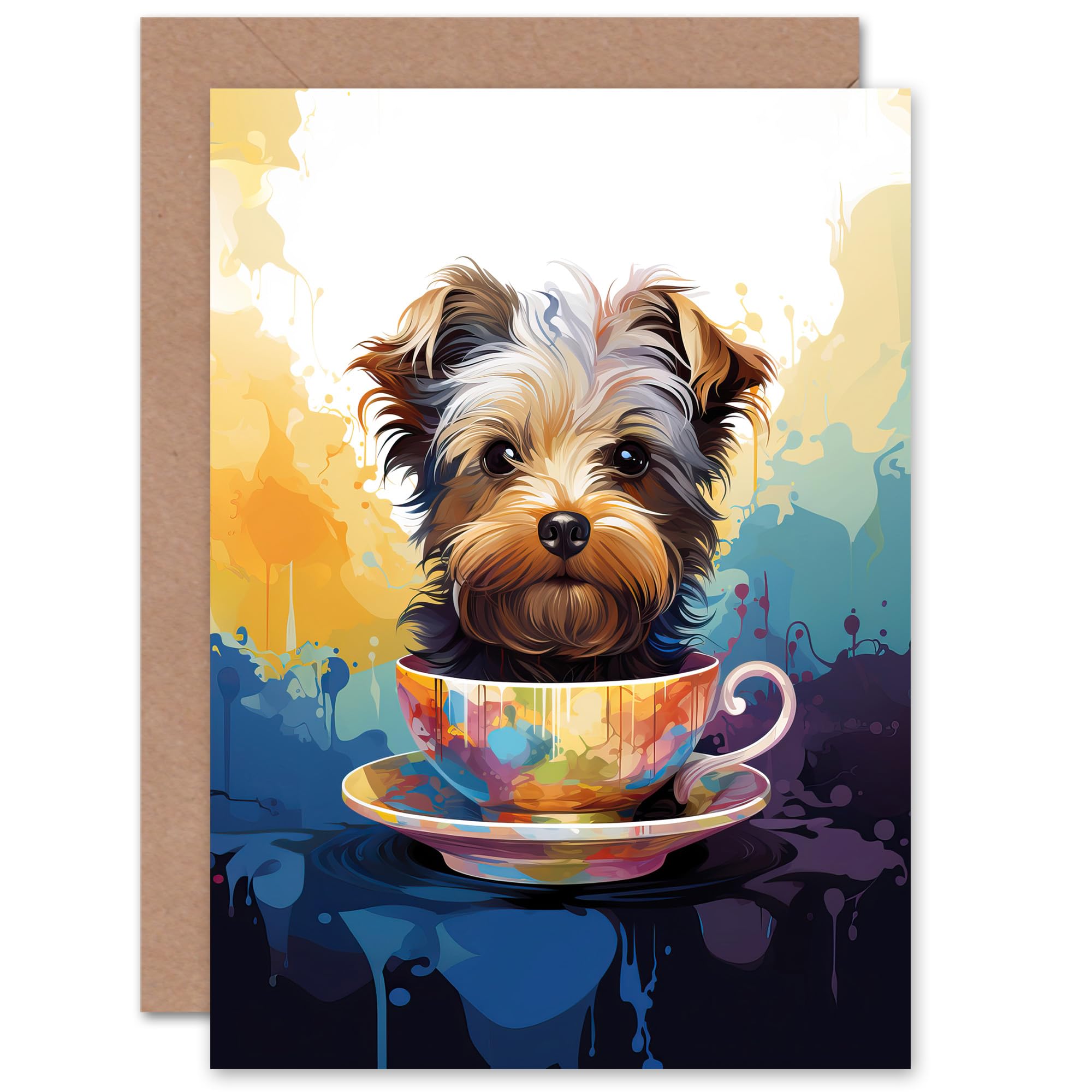 Artery8 Greeting Card - Yorkshire Terrier Dog Lover Gift - Pet Portrait - Blue Purple Orange Artwork