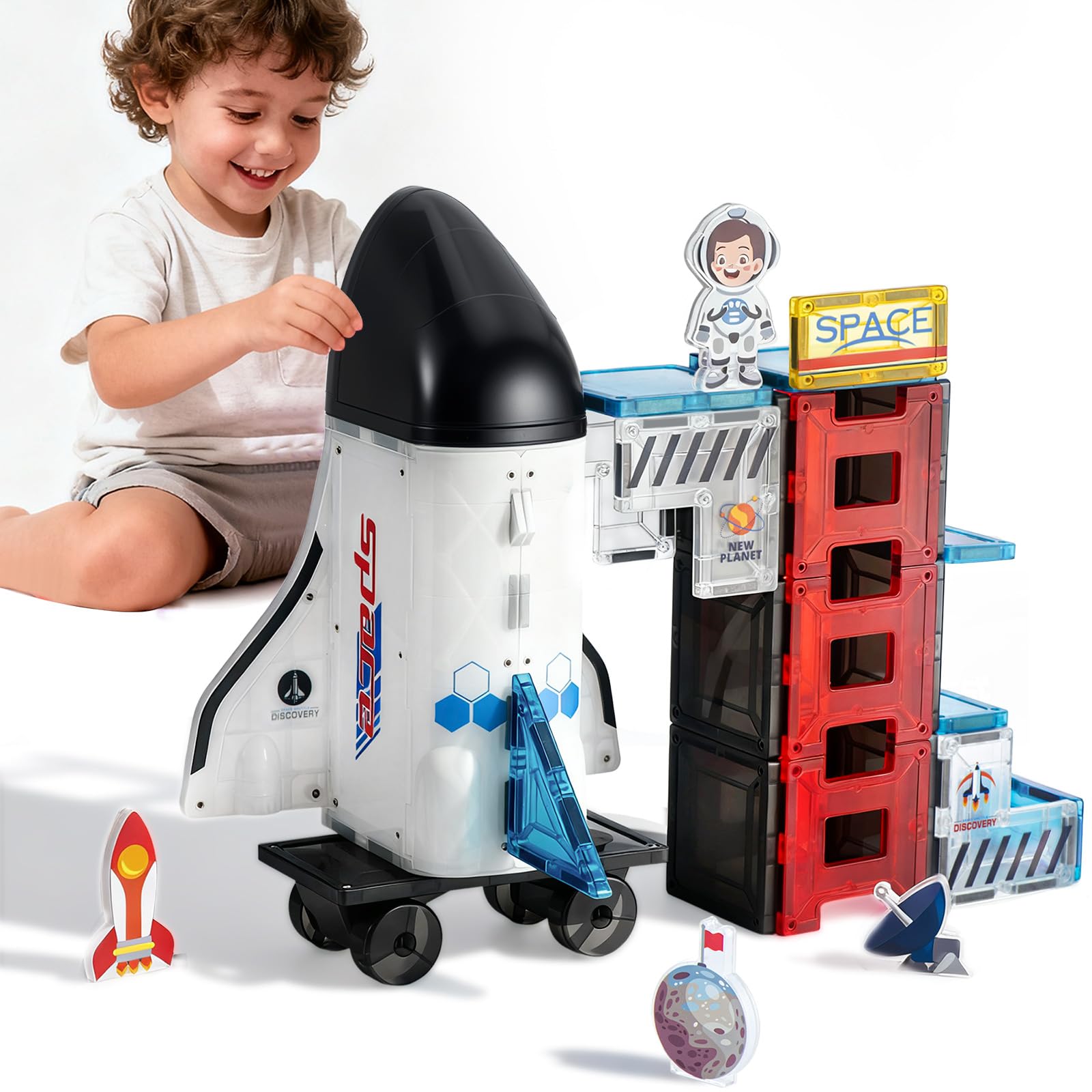 VROGTIK Space Magnetic Tiles for Kids, 30 Piece STEM Magnetic Building Blocks Set, Rocket Ship Space Station Educational Construction Toy with Astronaut Figure for Boys Girls Ages 3-8