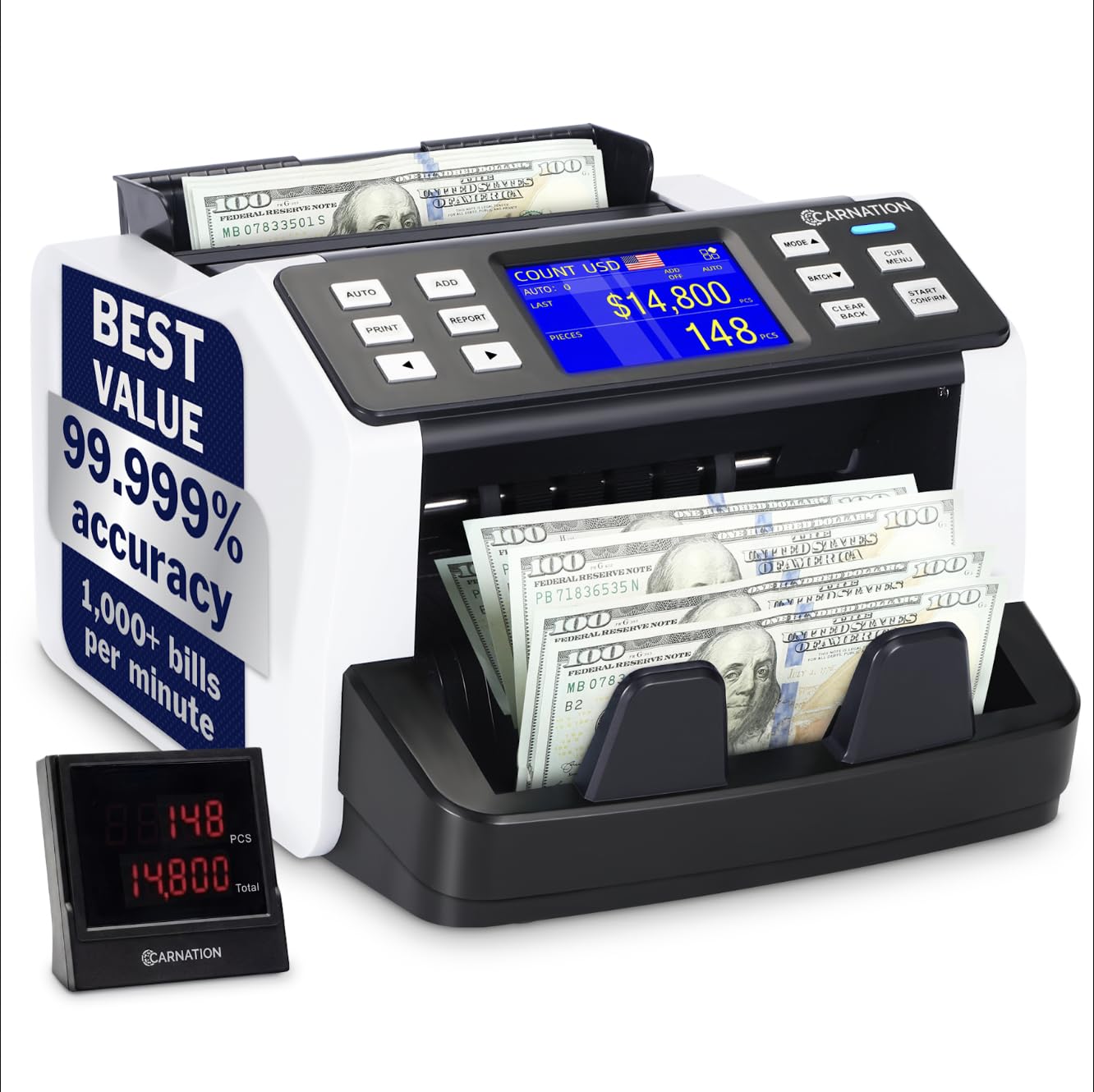 Photo 1 of CARNATION Money Counter Machine – Cash Counting & Mixed Denomination Bill Counter, Portable Currency Detector, Counterfeit Bank Scanner, Dollar Sorter for Commercial, up to 1200 N/M, UV/MG/MT/IR/CIS