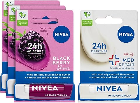NIVEA Böğürtlen Dudak Bakım Kremi, 24 Saat Nem, Doğal Yağlar ile Gün Boyu Bakımı, Böğürtlen Kokusu, 4.8 gr X3 + NIVEA Med Repair Dudak Bakım Kremi, 24 Saat Nem,Çatlamış Dudak Bakım,SPF 15 (4,8 ml)