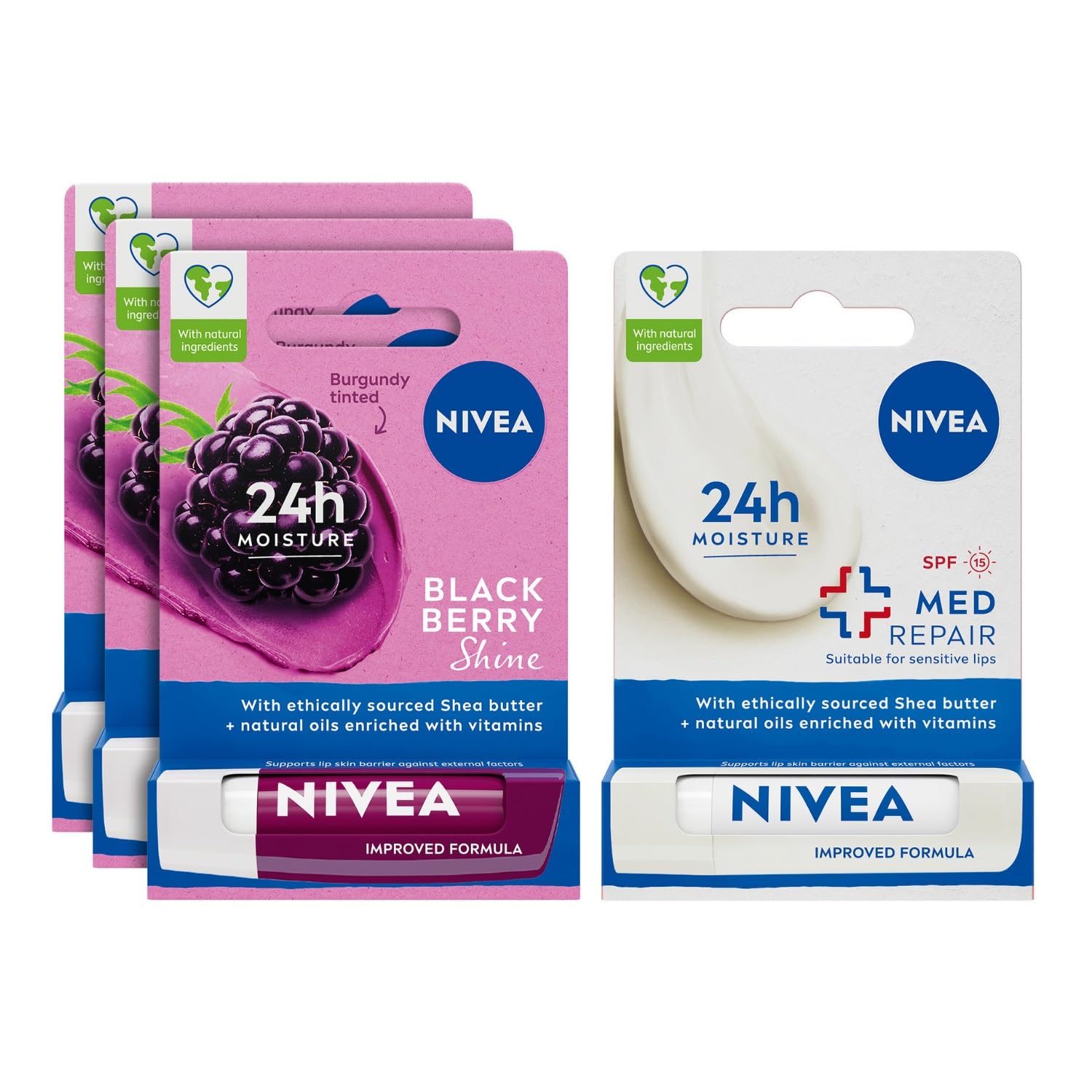 NIVEA Böğürtlen Dudak Bakım Kremi, 24 Saat Nem, Doğal Yağlar ile Gün Boyu Bakımı, Böğürtlen Kokusu, 4.8 gr X3 + NIVEA Med Repair Dudak Bakım Kremi, 24 Saat Nem,Çatlamış Dudak Bakım,SPF 15 (4,8 ml)