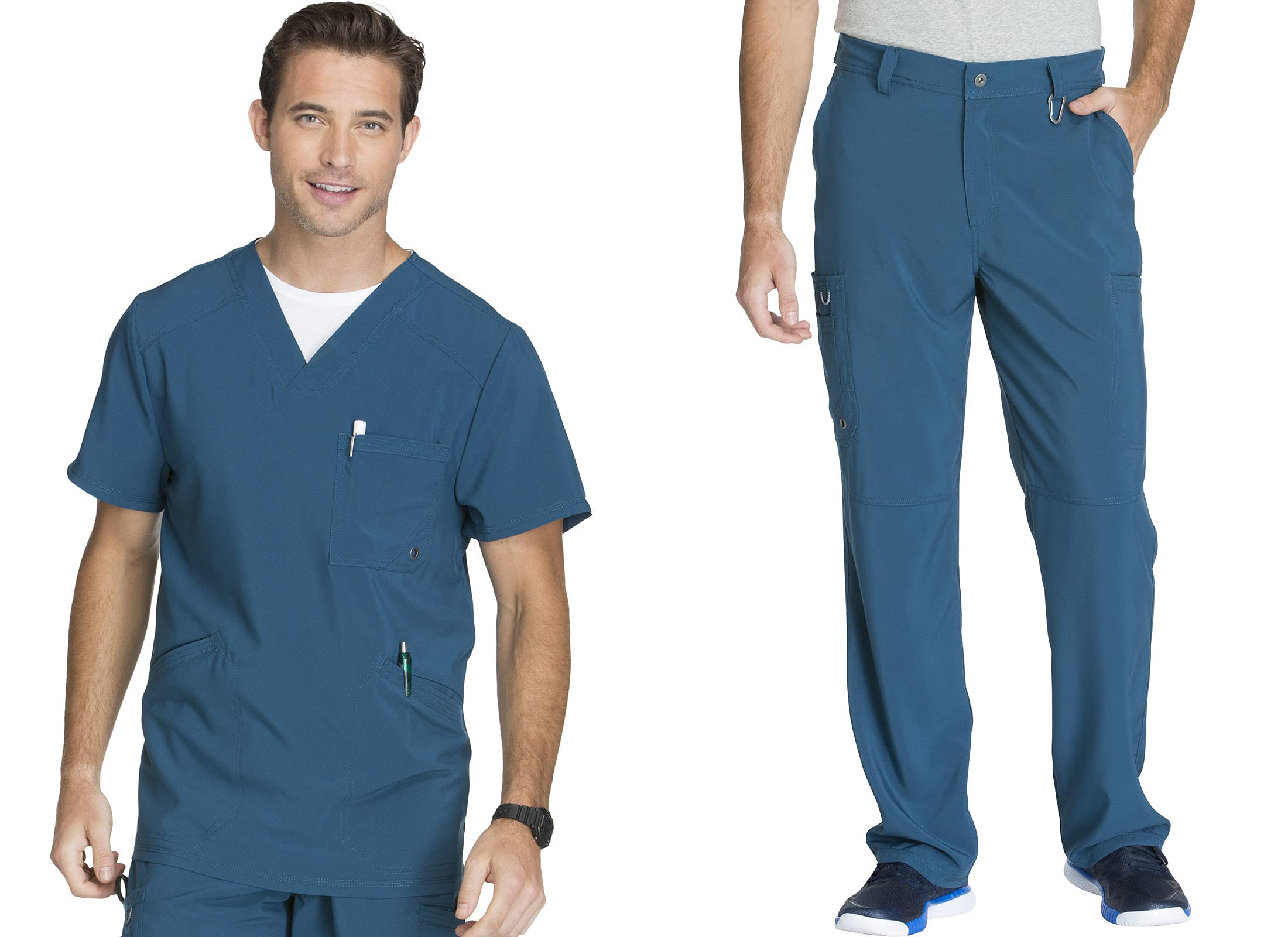 Cherokee Men Scrubs Set Modern Fit V-Neck Scrub Tops, CK900A and Tapered Leg Drawstring Scrub Pants, CK200A