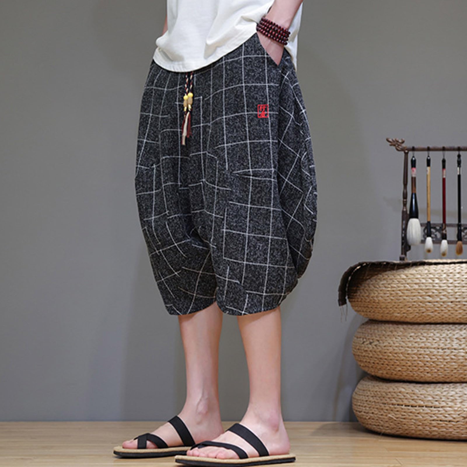 Pantaloni corti harem da uomo, baggy, corti, estivi, Goa, pantaloni hippie con tasche, vestibilità larga, pantaloni estivi leggeri, per il tempo libero, per le vacanze e la spiaggia