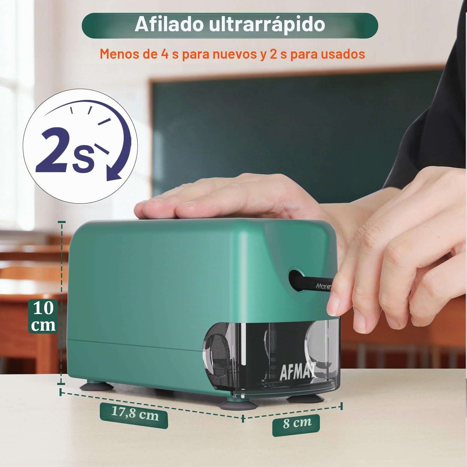 AFMAT Sacapuntas eléctrico automático, auto-Stop, sacapuntas eléctrico recargable con recipiente para lápices de 6-11 mm, punta rápida en 2 segundos, 10.000 puntas, verde PSD3