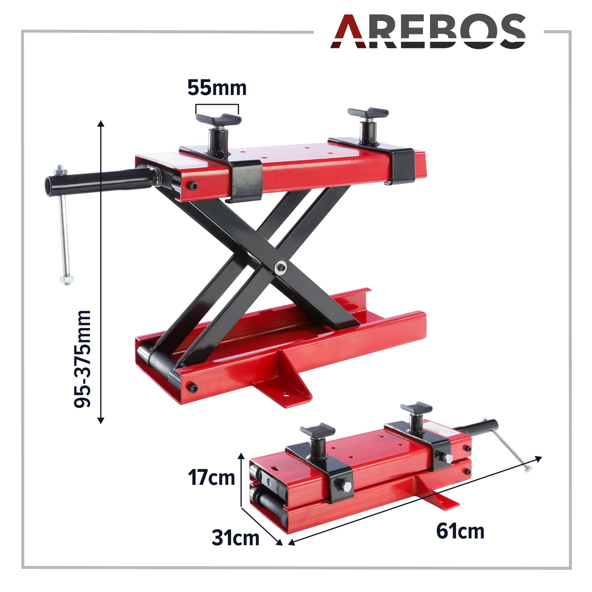Arebos Motorradheber | Motorrad Hebebühne | 500kg | Rot | Spindelantrieb | 95 bis 375 mm Höhenverstellbar