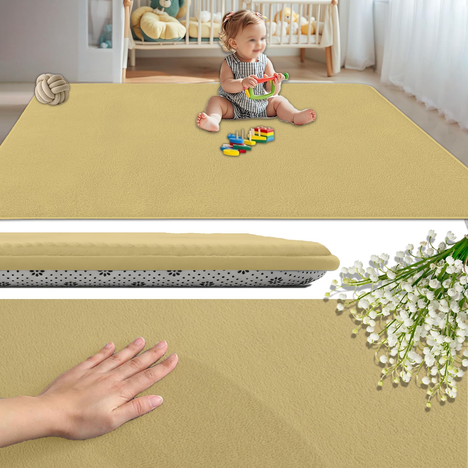 GmyoieqI Coral Velvet Baby Play Mat 2CM Thick, Non-Slip Backing Playmat for Floor Playroom Bedroom Yoga Mat 150 x 280 cm Large Memory Foam Area Rugs for Crawling Soft Play Tummy Time Activity Yellow