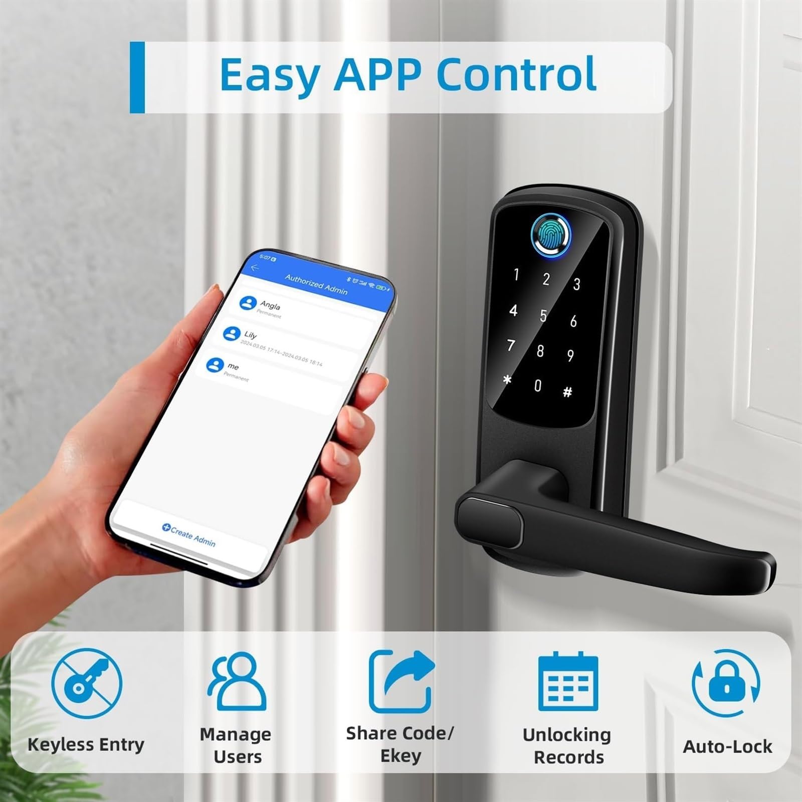 Serratura Smart, Smart Lock 5 in 1 Serratura for porta con maniglia Tecnologia biometrica Funzione di memoria di archiviazione Controllo APP,per camere da letto, uffici e hotel(Noir)