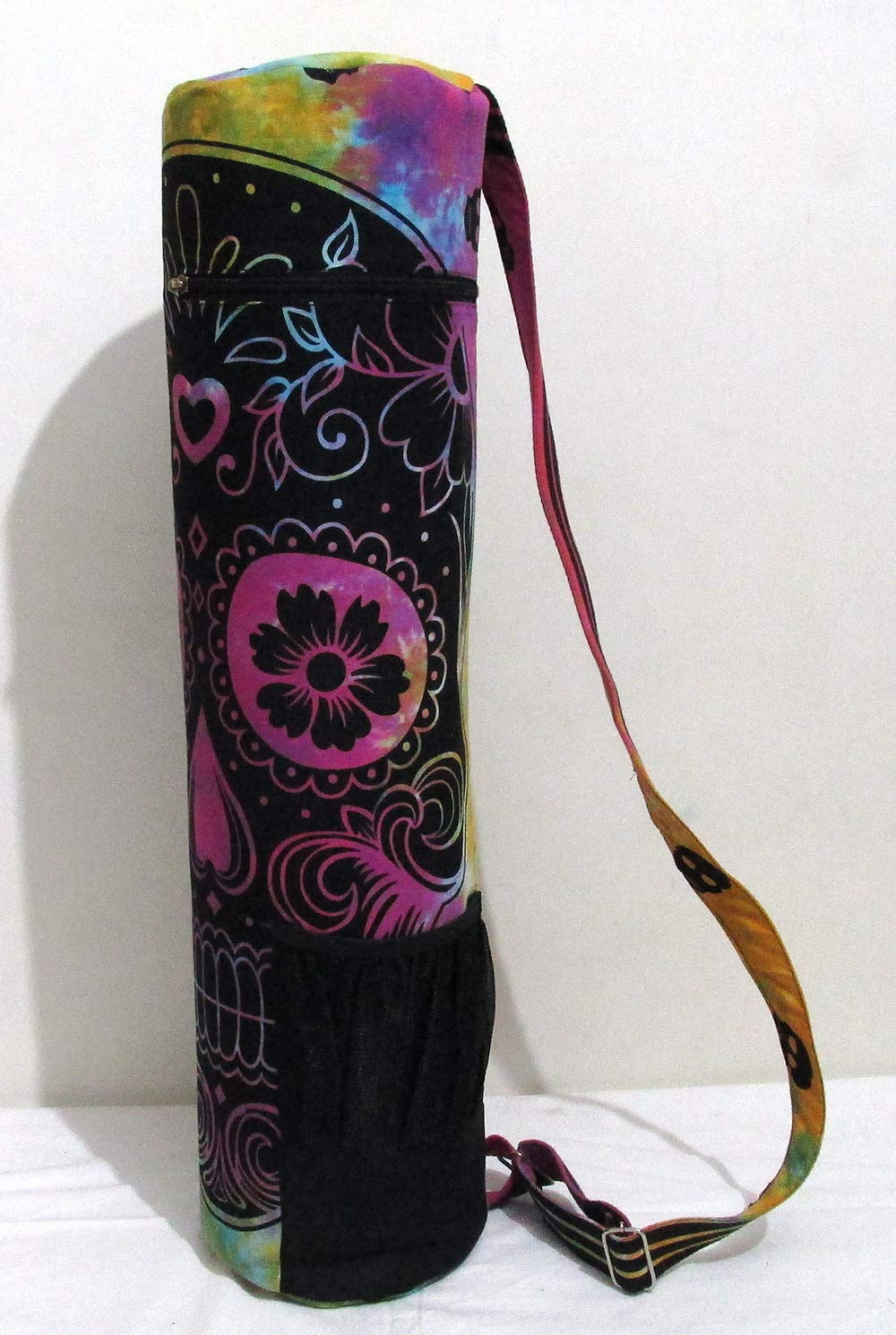 CRAFT KALA Indian Mandala Handmade Cotton Hand Full-Zip Exercise Yoga Mat Carry Bag Gym Beach Pilates Carrier Bags Hippie Mandala Indian Cotton Bag (Multi Skull)-image-43