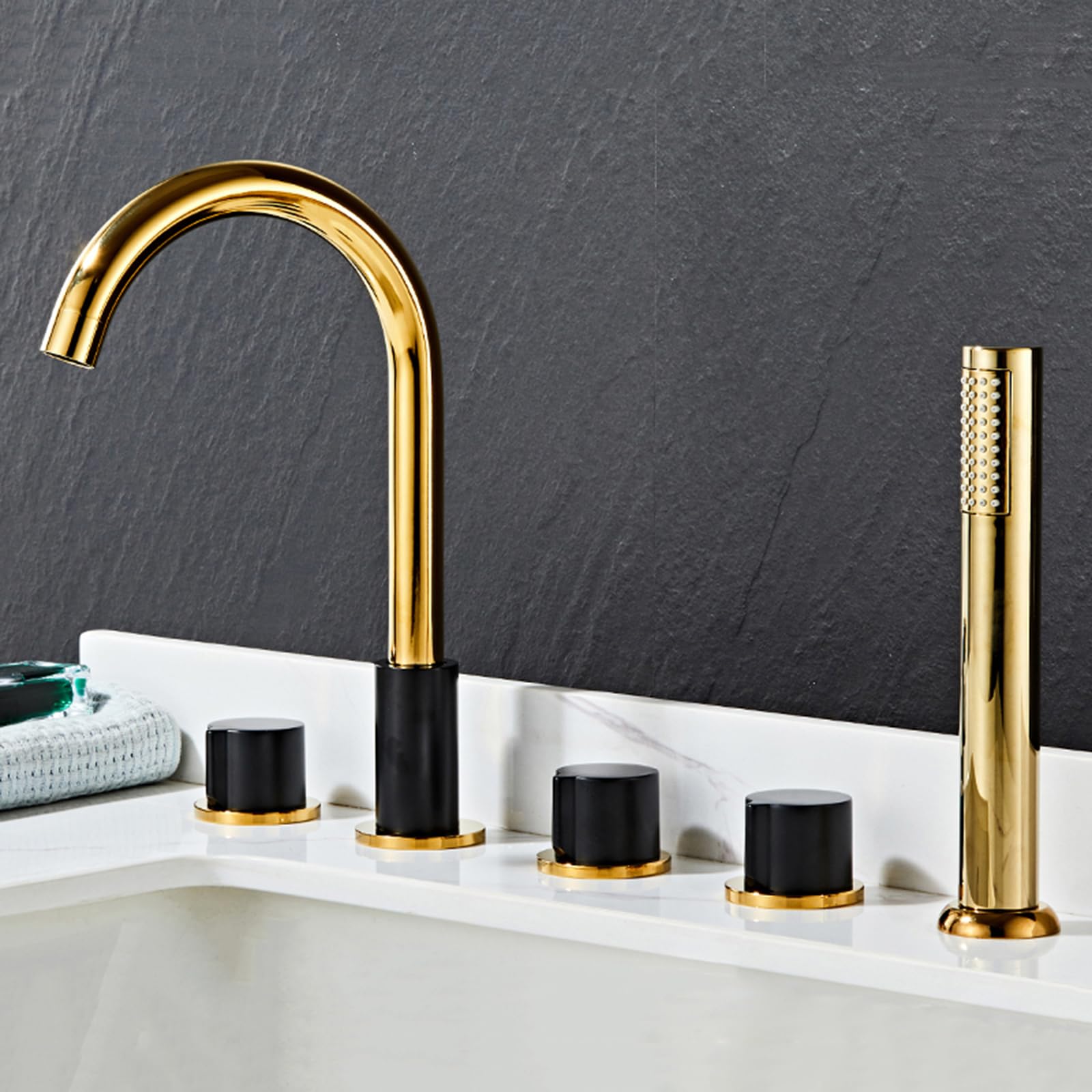 BHGFYXBS 5 Hole Bath Tap Set Gold Bath Mixer Taps With Shower With Diverter 360 Rotating Spout Gooseneck Tap-A,Black + Gold