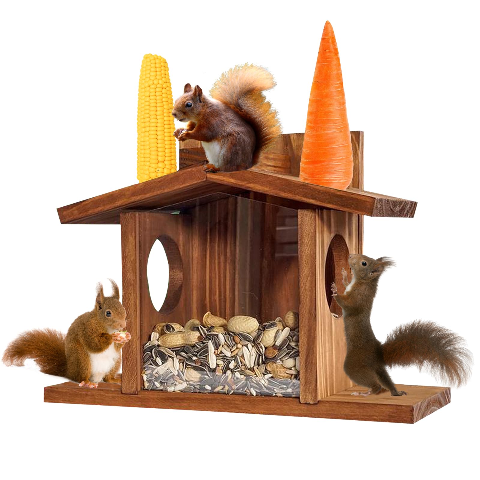 Eichhörnchen Futterhaus, Holz Aufhängen Futterstation mit 2 Eingänge und Sitzplattformen, Wetterfest, Belüftungssystem für Trockenes Eichhörnchenfutter