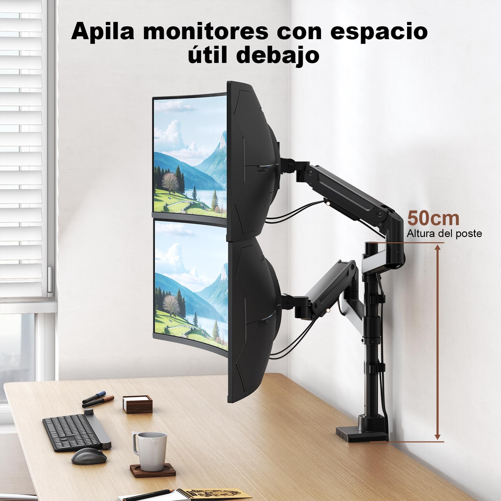 Soporte para Monitores PUTORSEN para 2 Pantallas de 17 a 49 Pulgadas - hasta 20 kg por Brazo, Soporte Extra Largo Ajustable en Altura y Giratorio para una ergonomía óptima, VESA 75/100 mm