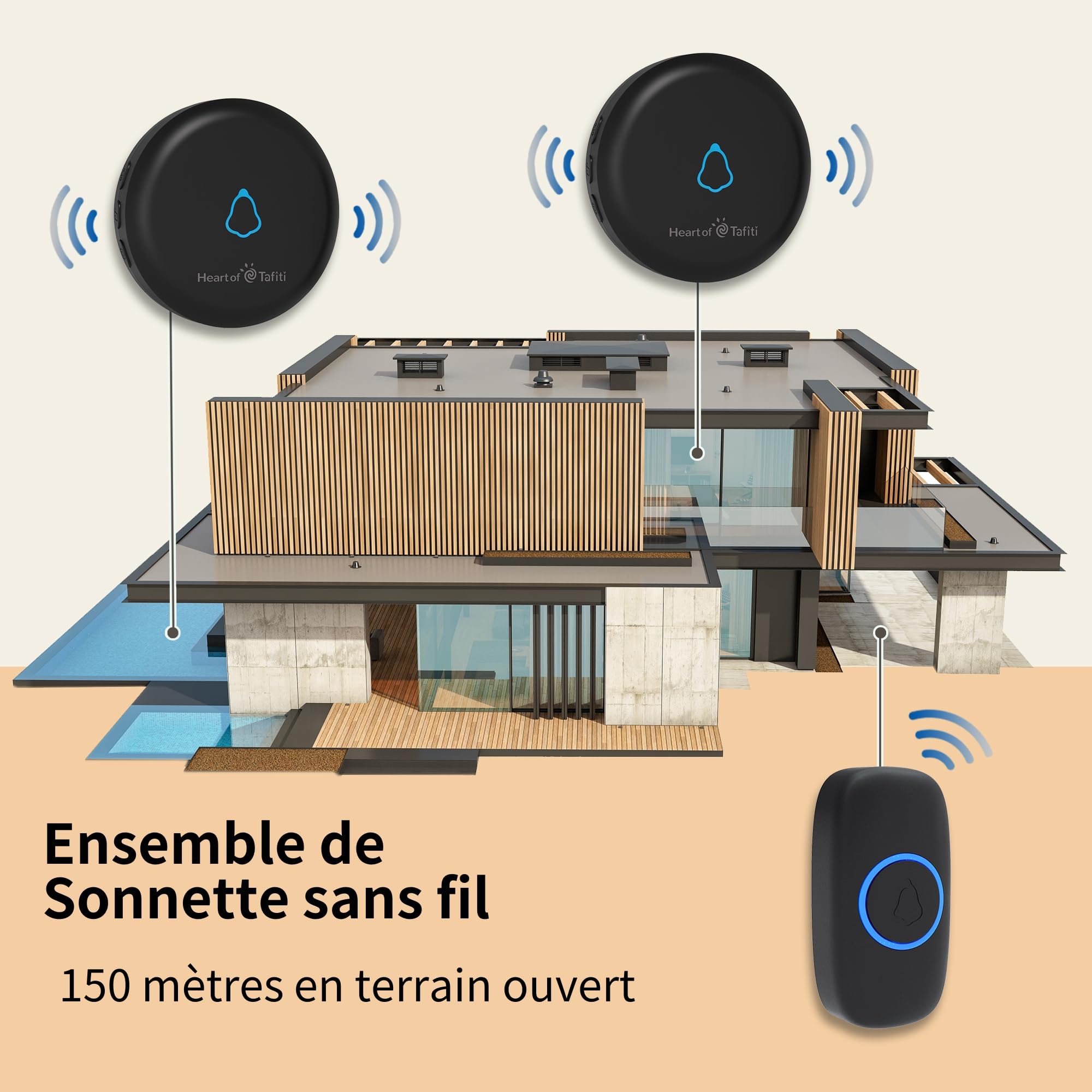 Sonnette sans Fil, Étanche IP55, Portée de Signal Étendue, Kit de Carillon Électronique avec Récepteurs à LED Enfichables pour la Maison, Noir