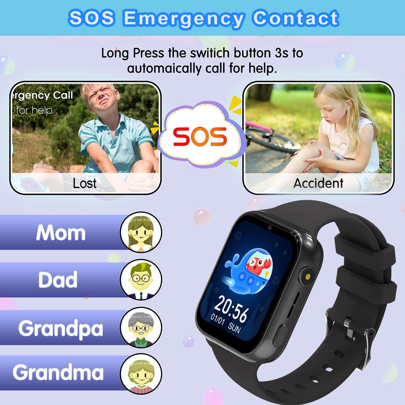 Reloj Inteligente Niño 4G, Smartwatch Niños con GPS, SOS, Llamadas, 4G Videollamada, Juego, Cámara, Despertador, IP68 Impermeable, Podómetro, Modo Escolar, Regalos para Niñas Niños (Negro)