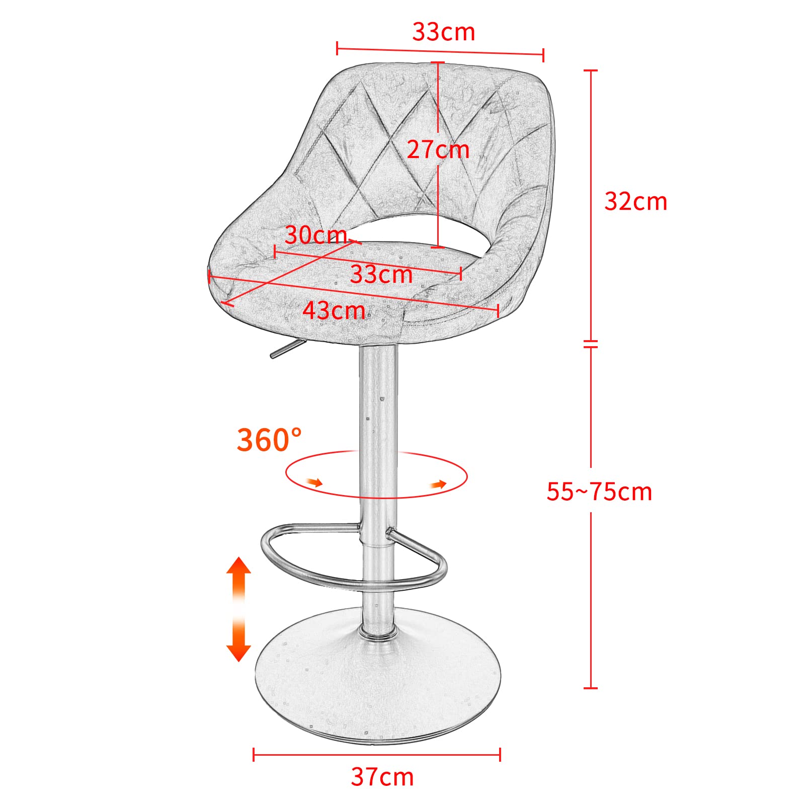 Taburete de bar, silla giratoria, taburete de cocina, taburete de Bistrot de terciopelo, sillas de altura ajustable con respaldo y reposapiés (2 unidades, gris claro)