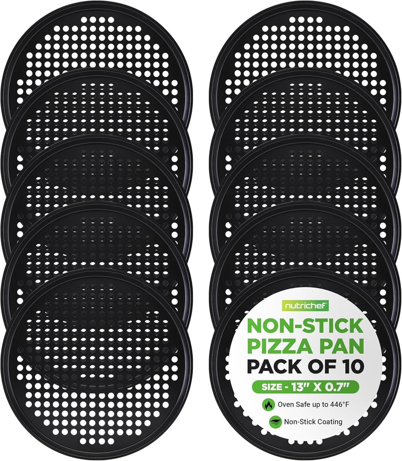 NutriChef Nonstick Pizza Pan Tray for Oven 33cm, Set of 10 Perforated Carbon Steel Baking Accessories with Holes, Easy Clean Plates, Dishwasher Safe Container and Cutting Board