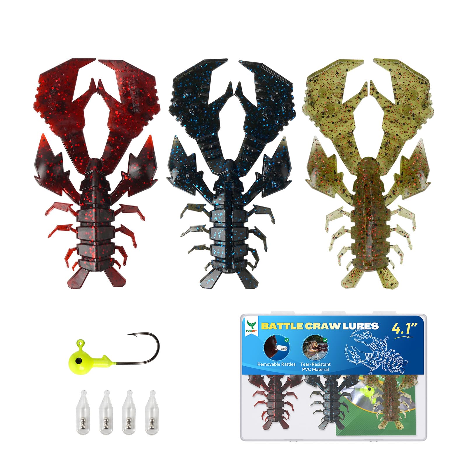 POWJOY 4.1inch 3 Pcs Red Gren Blue 3 Colors Crawfish Lures Kit