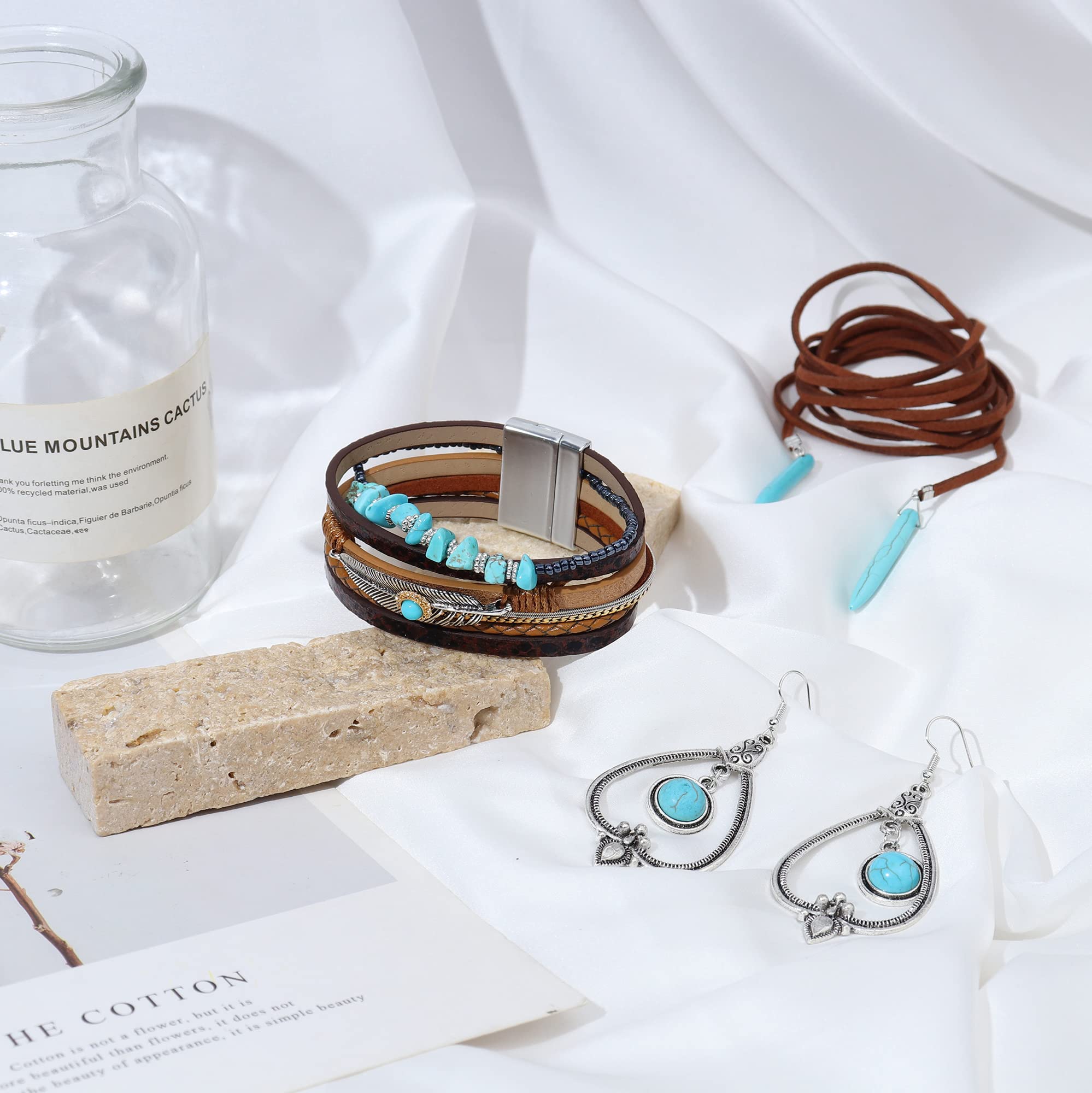 JeweBella Zestaw biżuterii damskiej w stylu boho w stylu vintage, turkusowy, wisiorek w stylu boho, turkus, bransoletka, biżuteria indiańska, biżuteria vintage, turkusowa, biżuteria, boho, kamizelka,