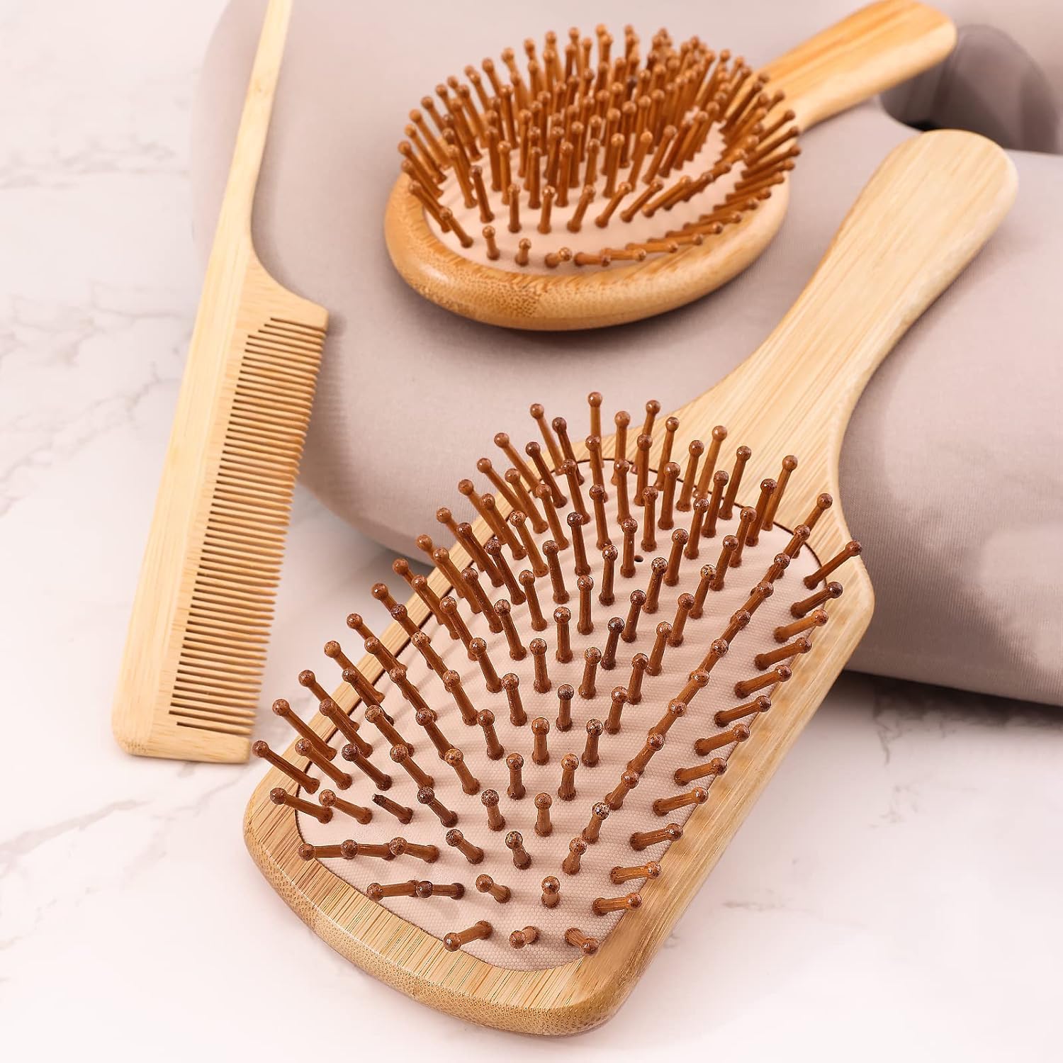 VIZARO Bamboo Hair Brush for Women, Natural Bamboo Bristles Detangling Wooden Paddle Hair Brush & Comb Set for Hair Growth,Scalp Massager, Anti Breakage Hair Care - 3 Piece Set 4